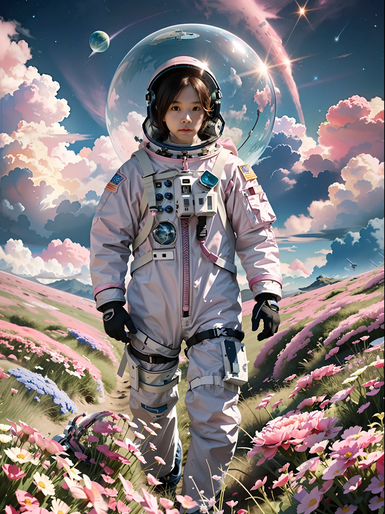 he astronaut walks in the sea of flowers dotted with pink clouds，The astronaut who is alone，The astronaut cannot leave this planet，The astronaut is lost in the boundless space.