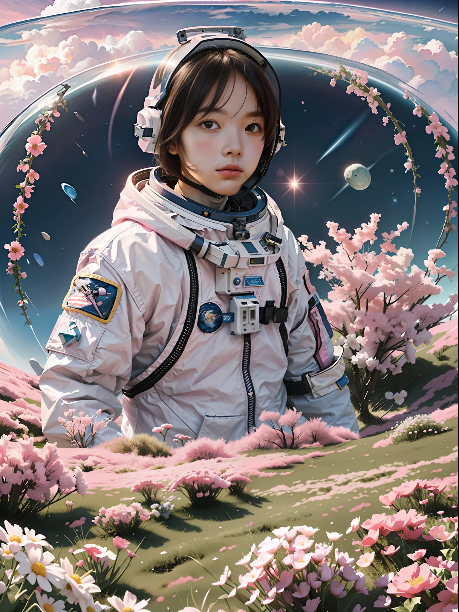 he astronaut walks in the sea of flowers dotted with pink clouds，The astronaut who is alone，The astronaut cannot leave this planet，The astronaut is lost in the boundless space.