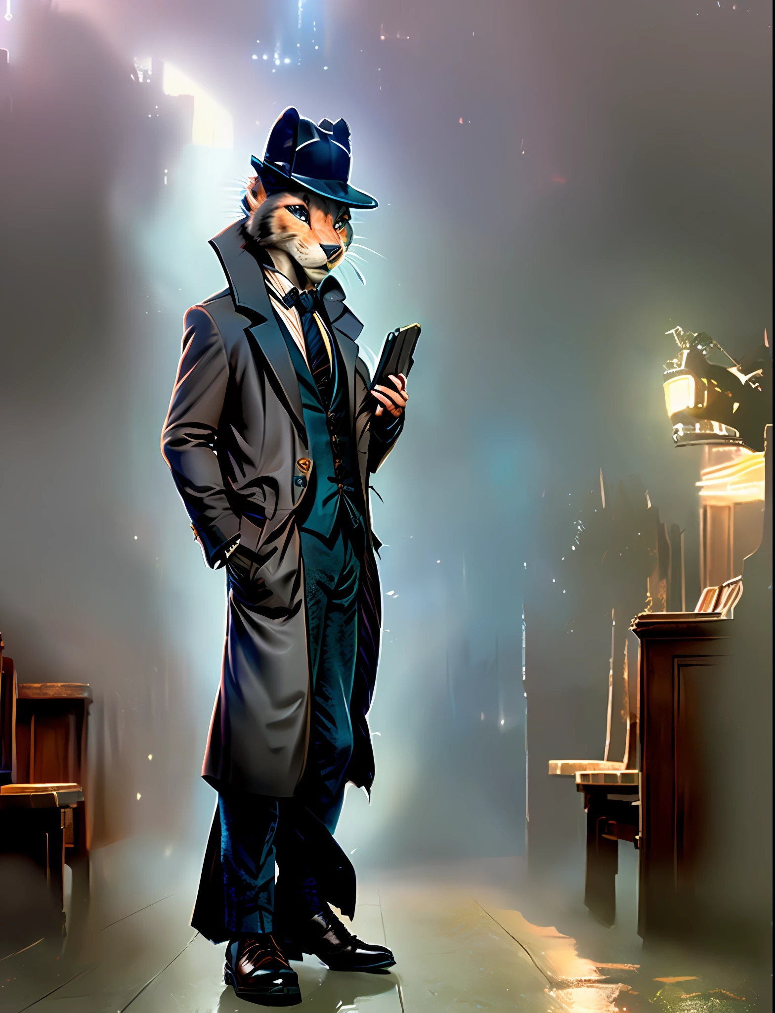 1::transmorphic cat detective, overcoat, chapel fedora, zootopia style, detailed, disney style