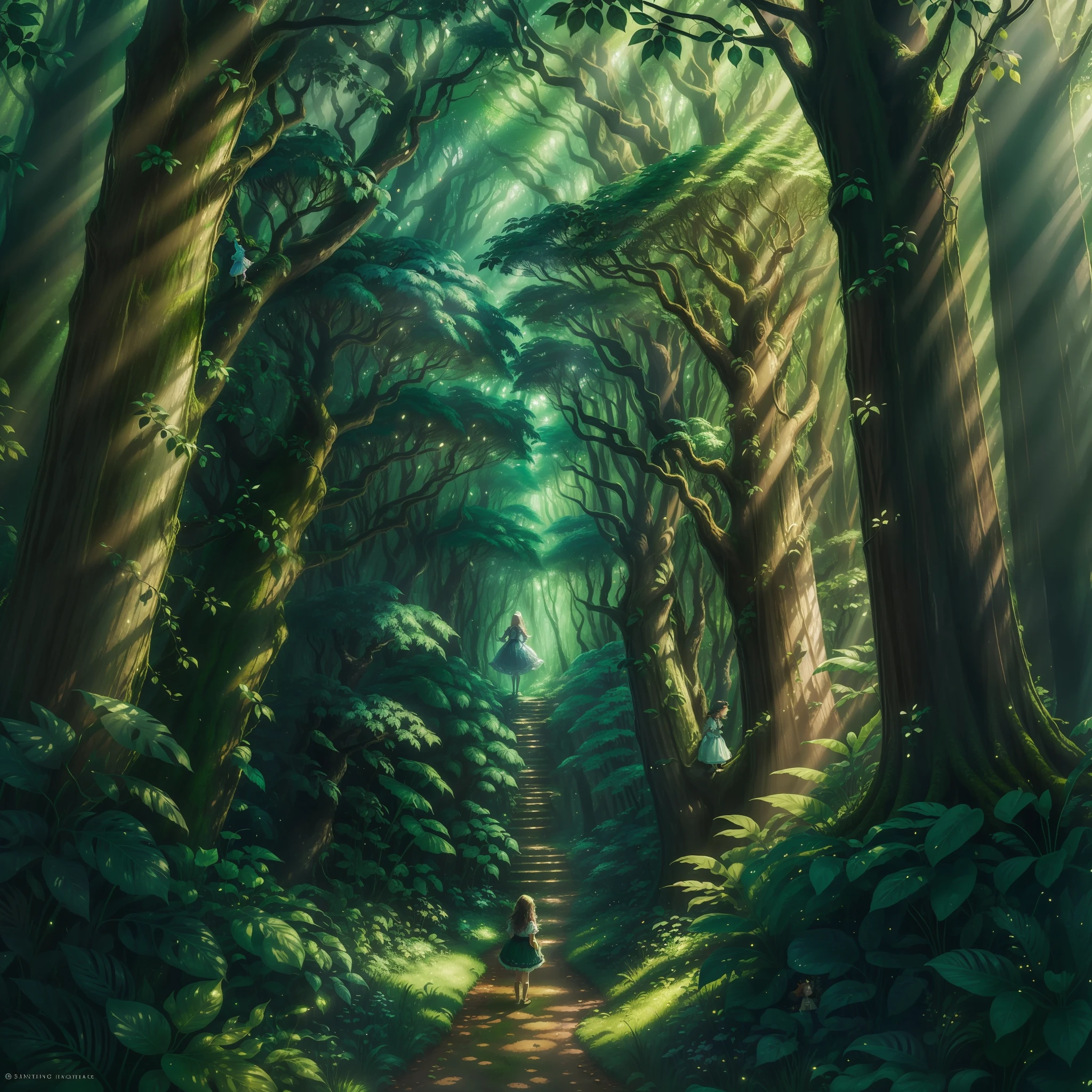 In this image, an enchanted forest reveals a magical scene full of mystery. The tall, leafy trees form a lush green canopy that delicately filters sunlight, creating a serene and welcoming environment. In the center of the forest, a brave little girl is standing atop a giant