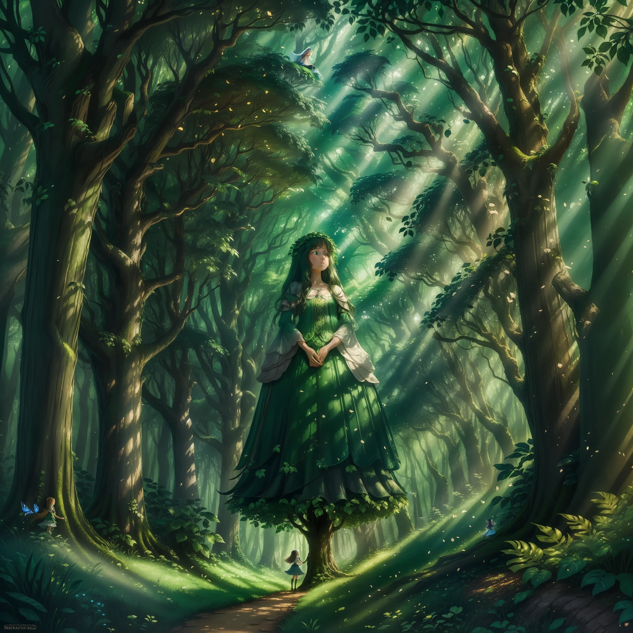 In this image, an enchanted forest reveals a magical scene full of mystery. The tall, leafy trees form a lush green canopy that delicately filters sunlight, creating a serene and welcoming environment. In the center of the forest, a brave little girl is standing atop a giant