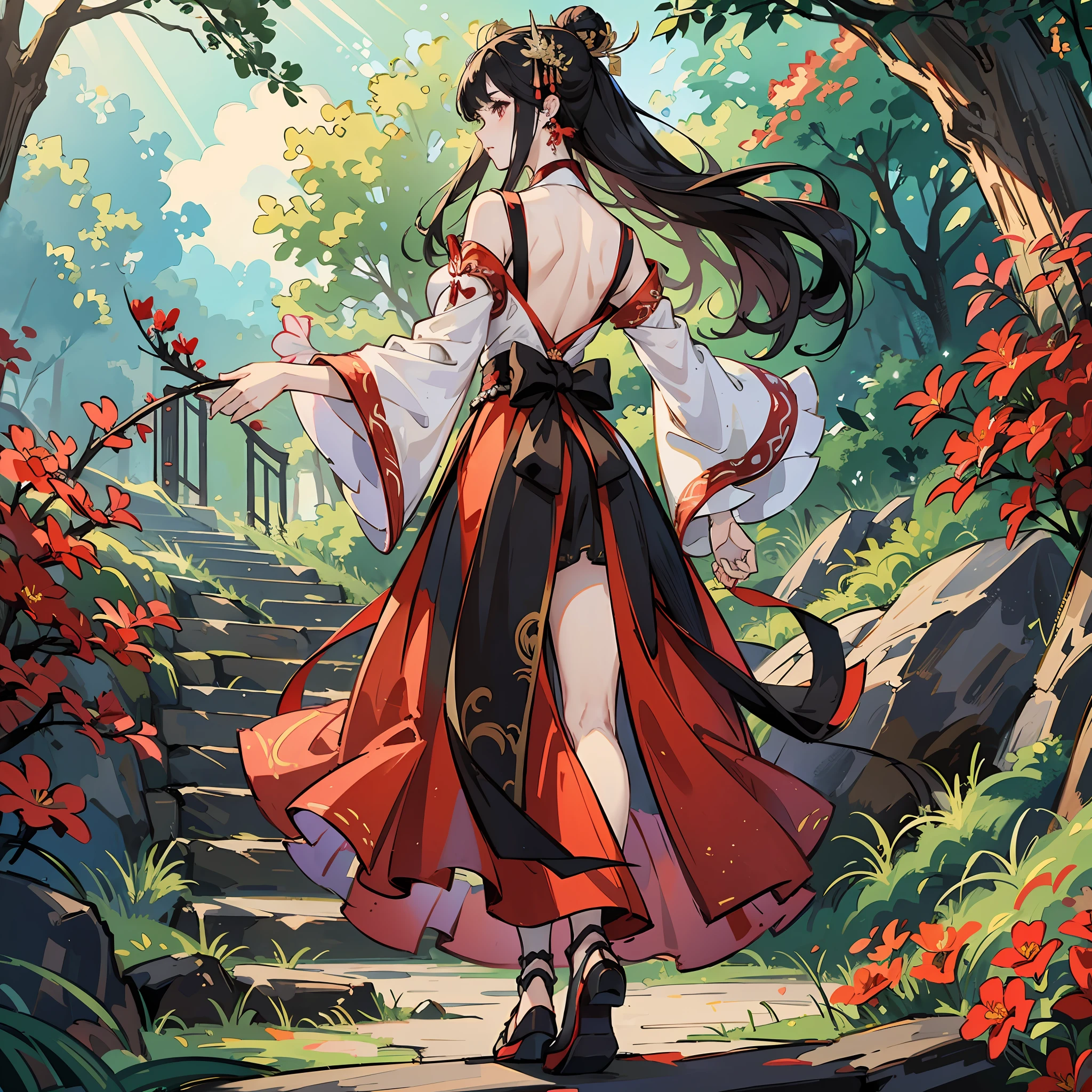 The back of a woman wearing a Hanfu long skirt, full body fairy, full body martial arts, red long skirt, back, anime girl, Hanfu, fairy style, black long hair, exquisite hair accessories, flying long hair, graceful posture, exquisite picture, --auto --s2