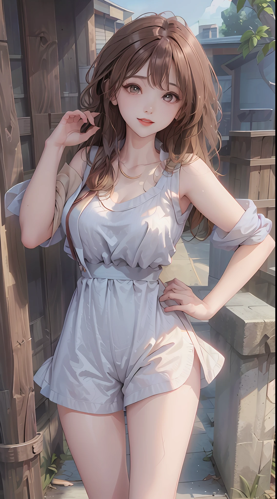 ((Best Quality, 8K, Masterpiece: 1.3)), 1girl, Slim Abs Beauty: 1.3, (Hairstyle Casual, ), Dress: 1.1, Super Fine Face, Delicate Eyes, Double Eyelids, Smile, Home, Suspenders, Shorts, Tank Top