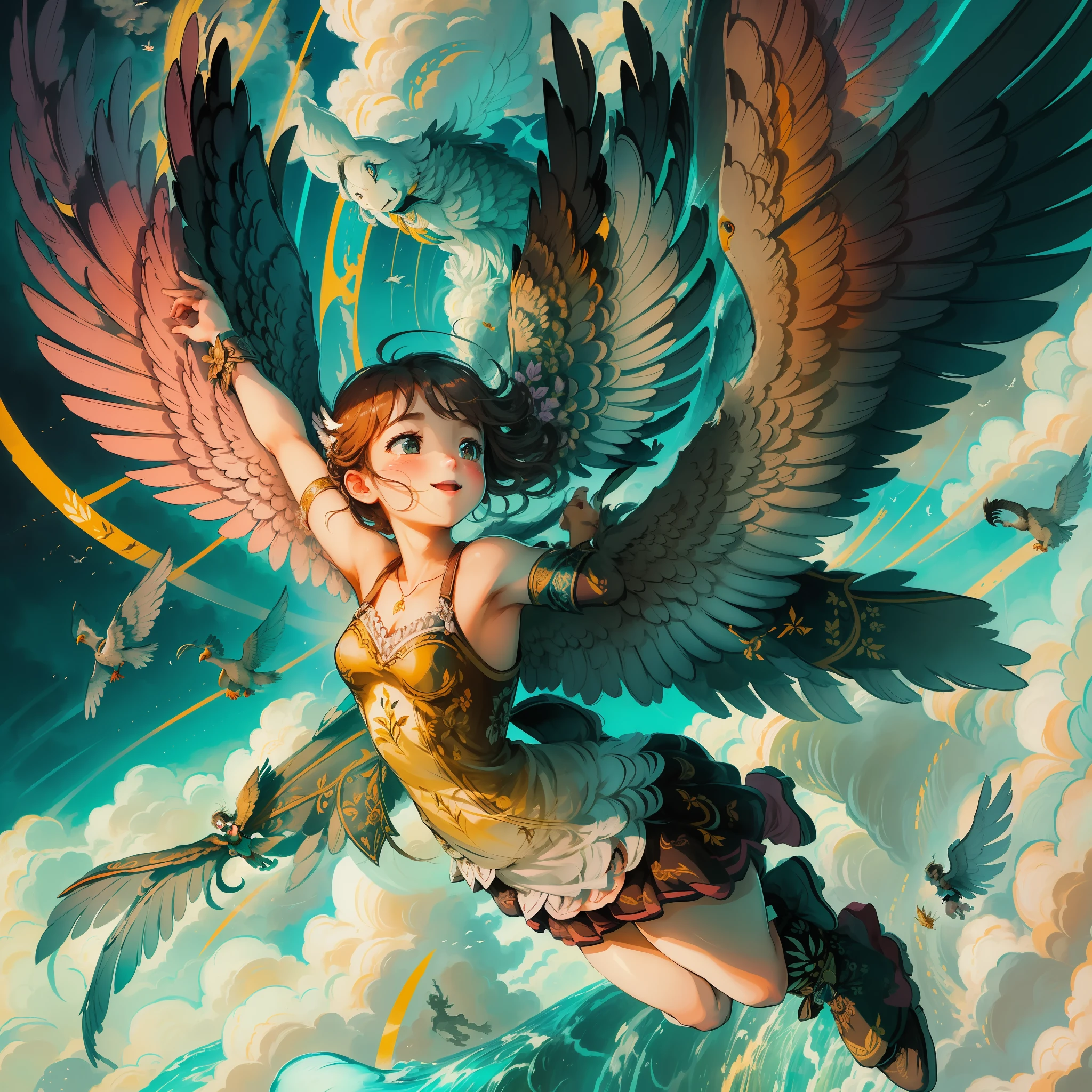 In this image, a girl finds herself on the back of a giant bird, crossing the skies in a scene of pure freedom and lightness. The majestic bird flies with grace and fluidity, its wings spread in mid-flight. The girl, with outstretched arms and a radiant smile, seems to be completely enveloped by the feeling of euphoria and joy that the experience provides. It is a visual representation of the ability to overcome limitations and rise above difficulties, finding joy and freedom even in challenging times.