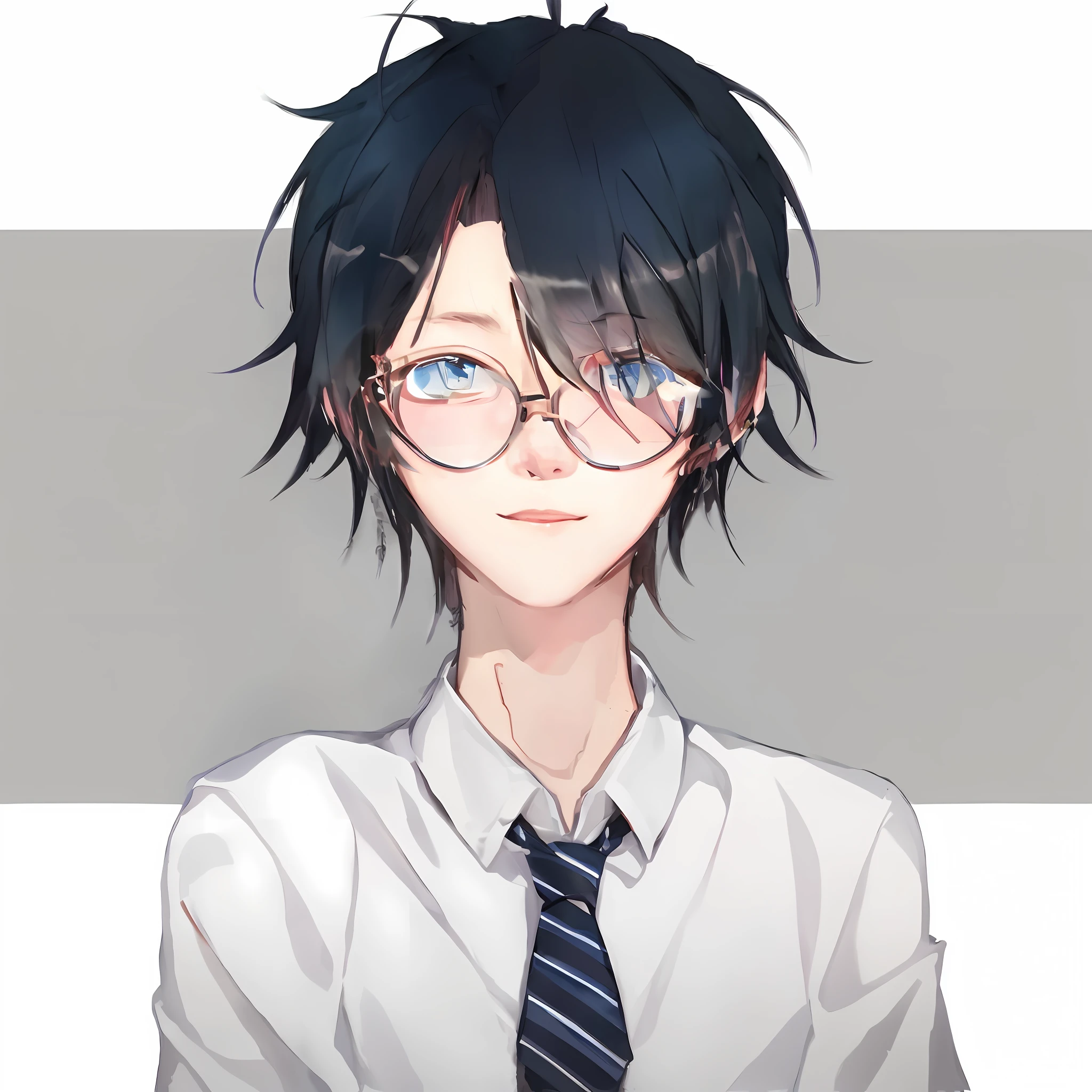 anime boy with glasses and tie looking at the camera, inspired by Okumura Togyu, anime moe artstyle, 2 d anime style, tall anime guy with blue eyes, inspired by Okumura Masanobu, anime boy, young anime man, made with anime painter studio, [[[[grinning evily]]]], with glasses