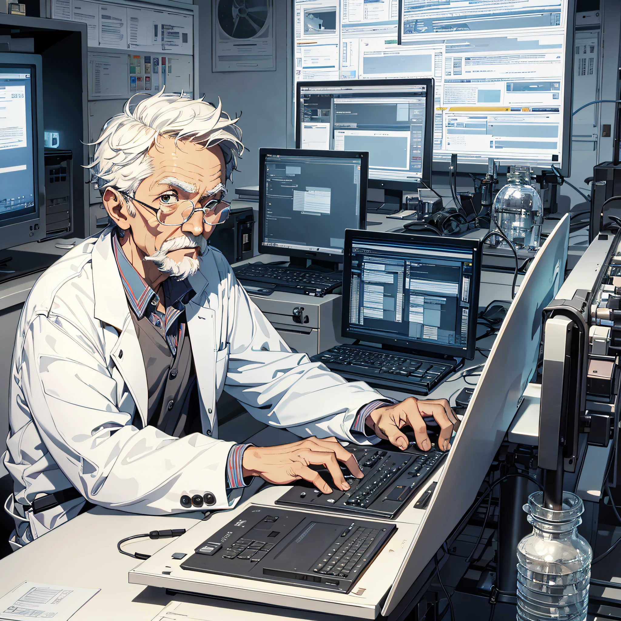 1 old man with short white hair dressed as a scientist, sitting in front of the computer to operate, looking at the computer, with a very anxious expression (1.2), open mouth (1.3), the background is a large scientific research institute with many large screens