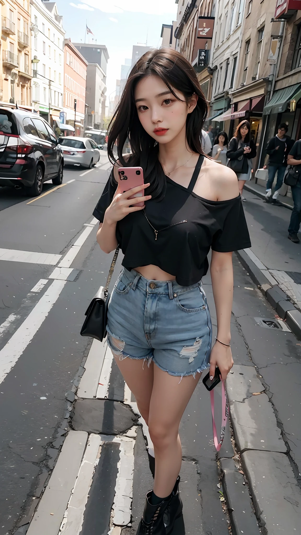 Beautiful woman, fiddling with cell phone in the middle of the street, short clothes