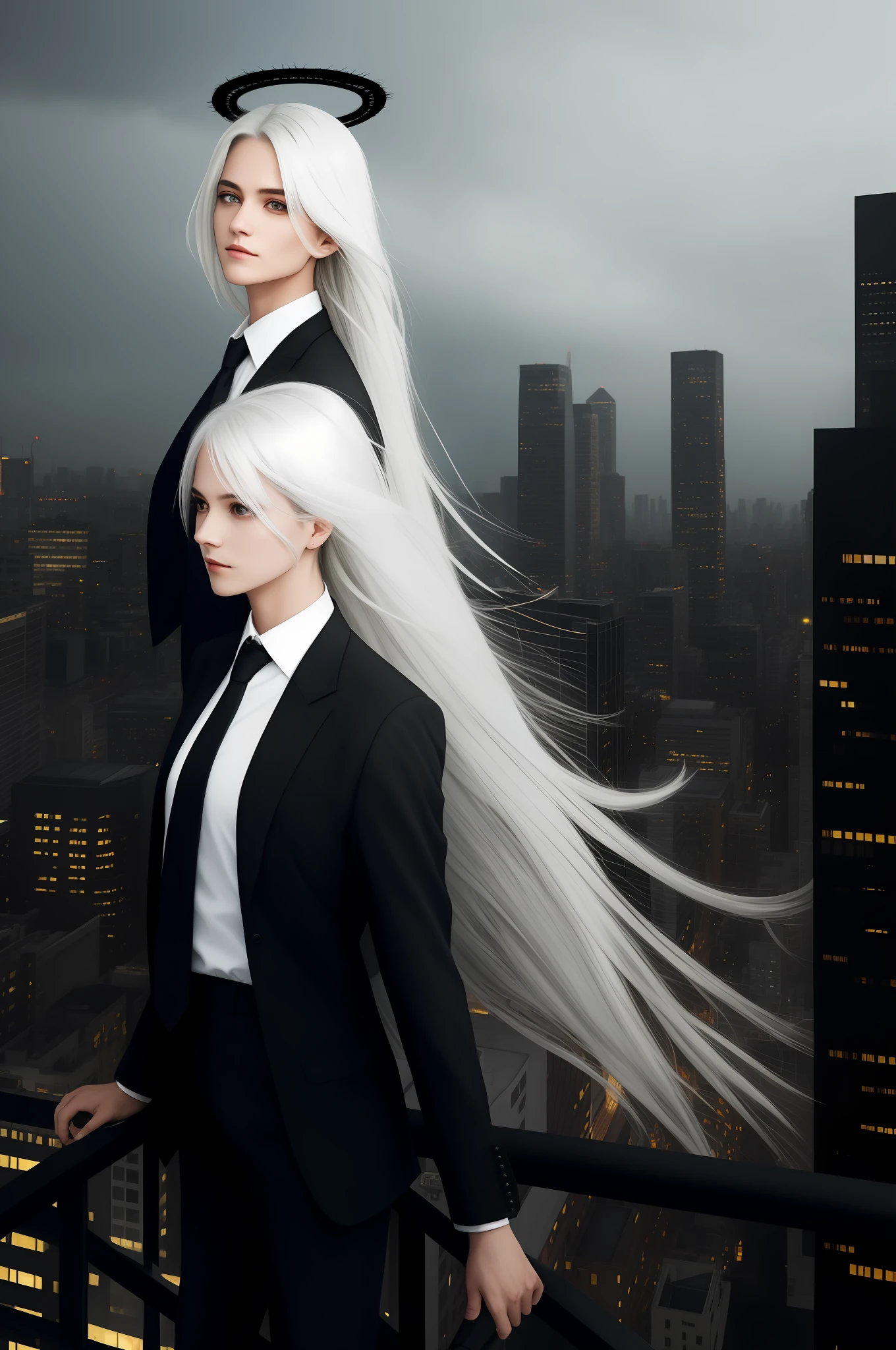 Angel girl, shirt, tie, pants, black eyes, long hair, black halo, city roof, white hair, halo, black eyes, night, brown eyes