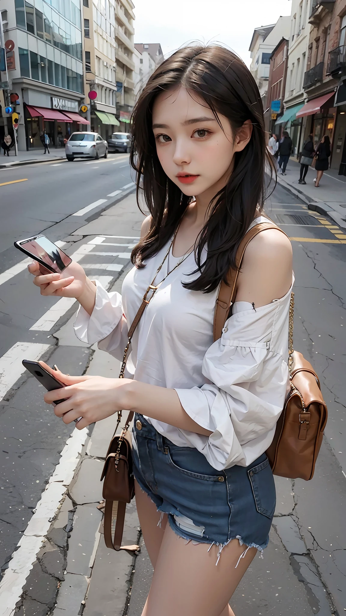 Beautiful woman, fiddling with cell phone in the middle of the street, short clothes