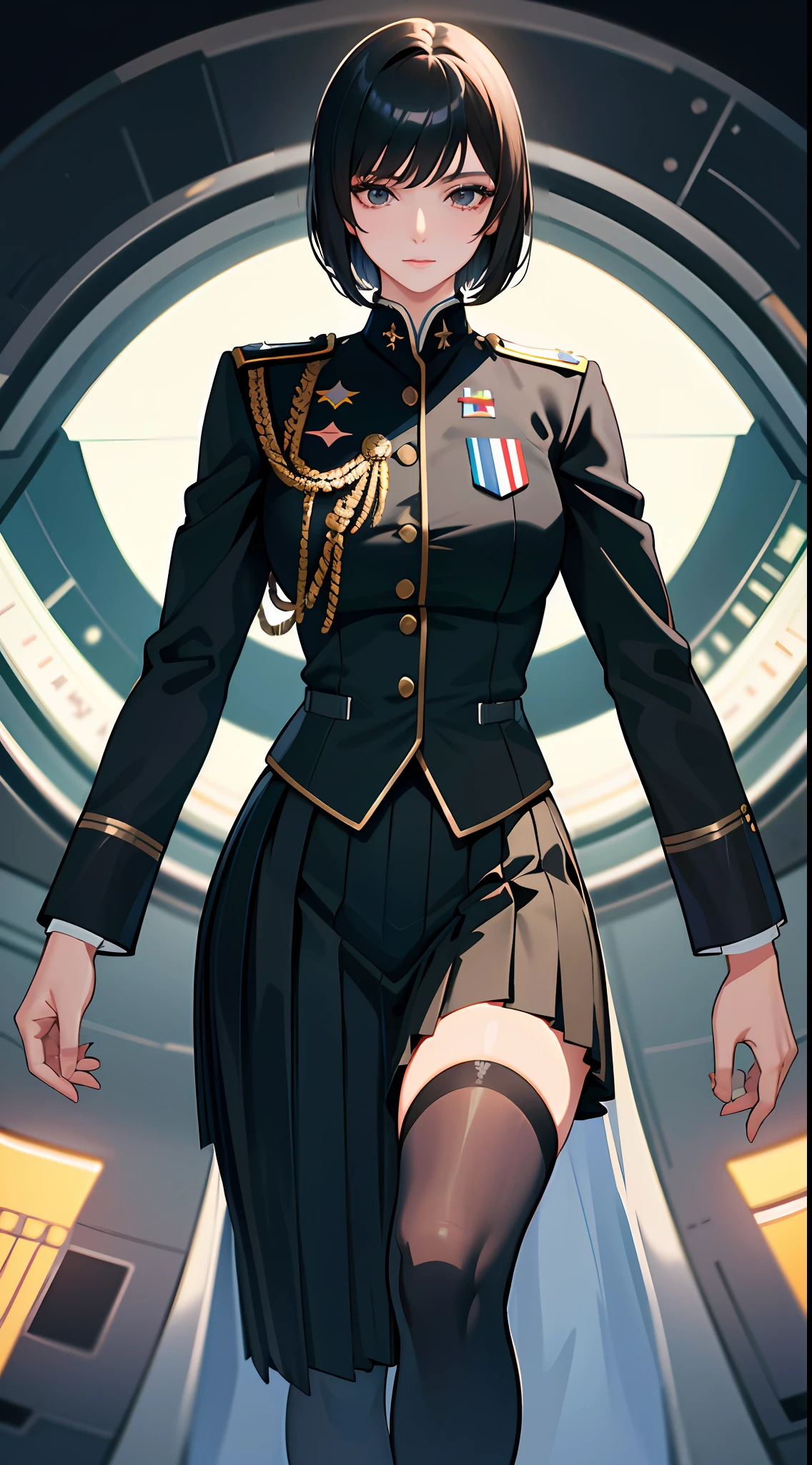 (highest resolution, distinct_image), best quality, masterpiece, very detailed, semi-realistic, woman with short black hair, mature woman, triple bangs, black uniform, black pleated skirt, military uniform, medal, gorgeous military uniform, beautiful woman, spaceship space, control room, commander