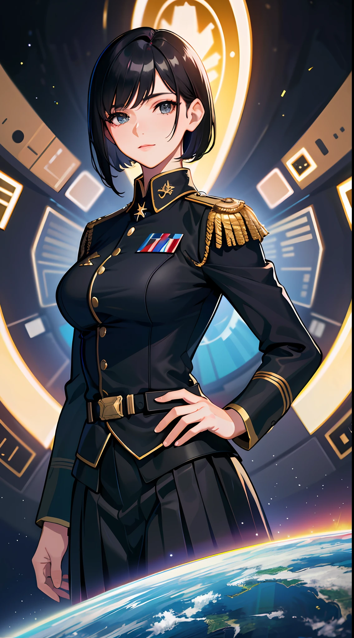 (highest resolution, distinct_image), best quality, masterpiece, very detailed, semi-realistic, woman with short black hair, mature woman, triple bangs, black uniform, black pleated skirt, military uniform, medal, gorgeous military uniform, beautiful woman, spaceship space, control room, commander
