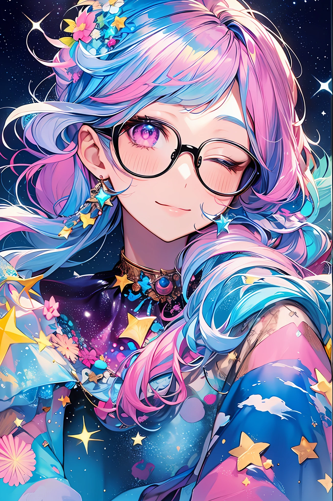 (Masterpiece, Best Quality, Best Quality, Watercolor (Medium), Official Art, Beautiful and Aesthetic: 1.2), (1 Girl: 1.3), (Fractal Art: 1.3), Upper Body, Sideways, Look at the Viewer, Pattern, (Iridescent Hair, Colorful Hair, Half Blue and Half Pink Hair: 1.2), Water, Liquid, Clouds, Colorful, Starry Sky, Stars, Smile, Glasses, Close-up, Heterochromia, (Colorful: 1.5), Eyes Closed, Blush