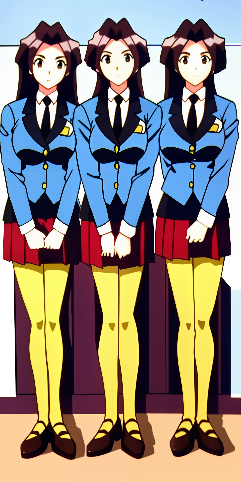 3girls, identical triplets, long curly brown hair, matching hairstyle, large_breasts, ErinaSkirtSuit, skirt suit, short skirt, matching outfits