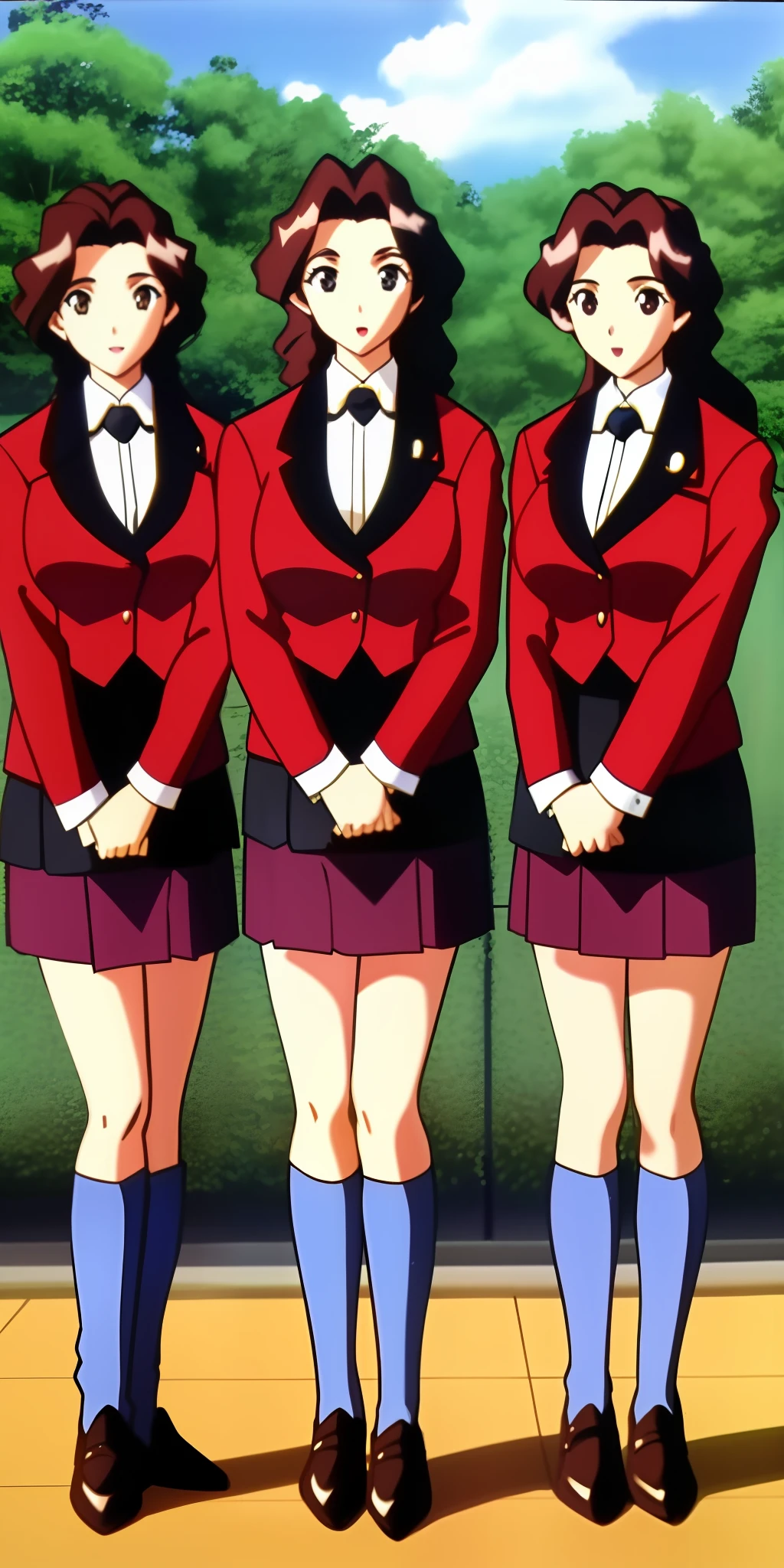 3girls, identical triplets, long curly brown hair, matching hairstyle, large_breasts, ErinaSkirtSuit, skirt suit, short skirt, matching outfits