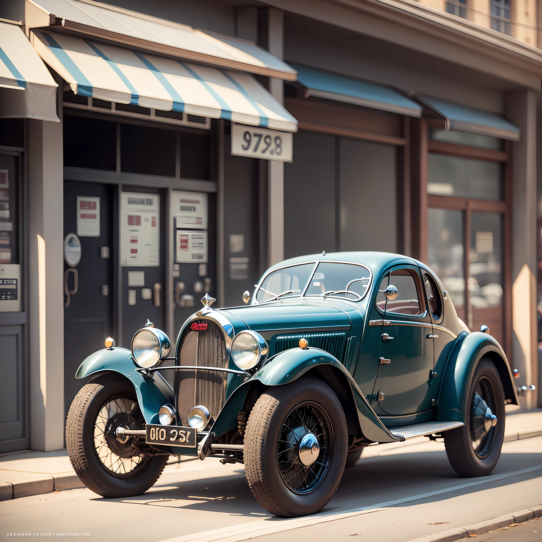 car BUGATTI TYPE 57SC ATLANTIC year 1938 parked in a gas station of the time, altissima resolution, 4k, award-winning image