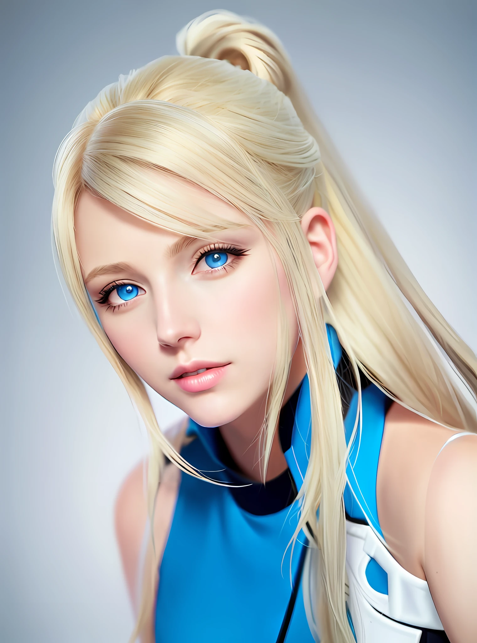 Blonde woman with long hair in blue top and blue jacket, glamorous Jill Valentine, Final Fantasy character, Tipha Lockhart portrait, blonde haired blue eyes, white hair Tipha Lockheart, blonde hair blue eyes, video game character, blond hair and blue eyes, Tipha Lockhart portrait, avatar image, Zero Suit Samus, ponytail, blonde, change background to nightclub, nightclub, pose,