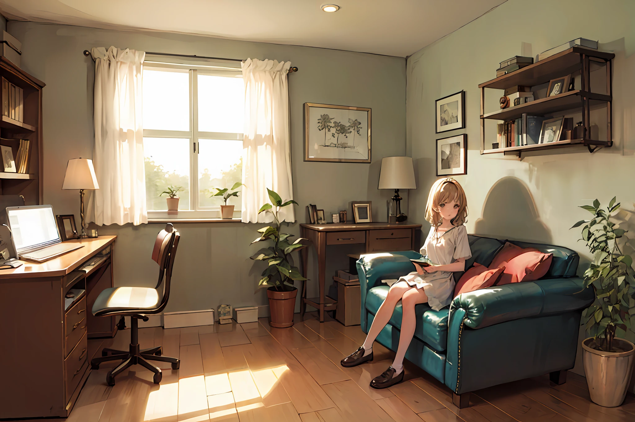 living room, couch, window, curtains, dappled sunlight, potted plant, table, cabinet,bookshelf, paper, desk lamp, typewriter, girl sitting on sofa