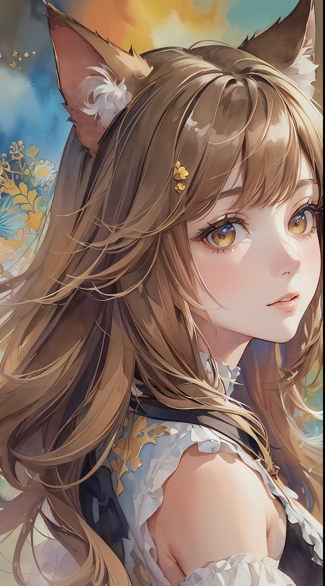(masterpiece, top quality, best quality,watercolor (medium),original, beautiful and aesthetic:1.2),(1girl:1.3), (fractal art:1.3),medium shot, from side, looking at viewer,patterns,(brown colour, colorful hair), cat ears