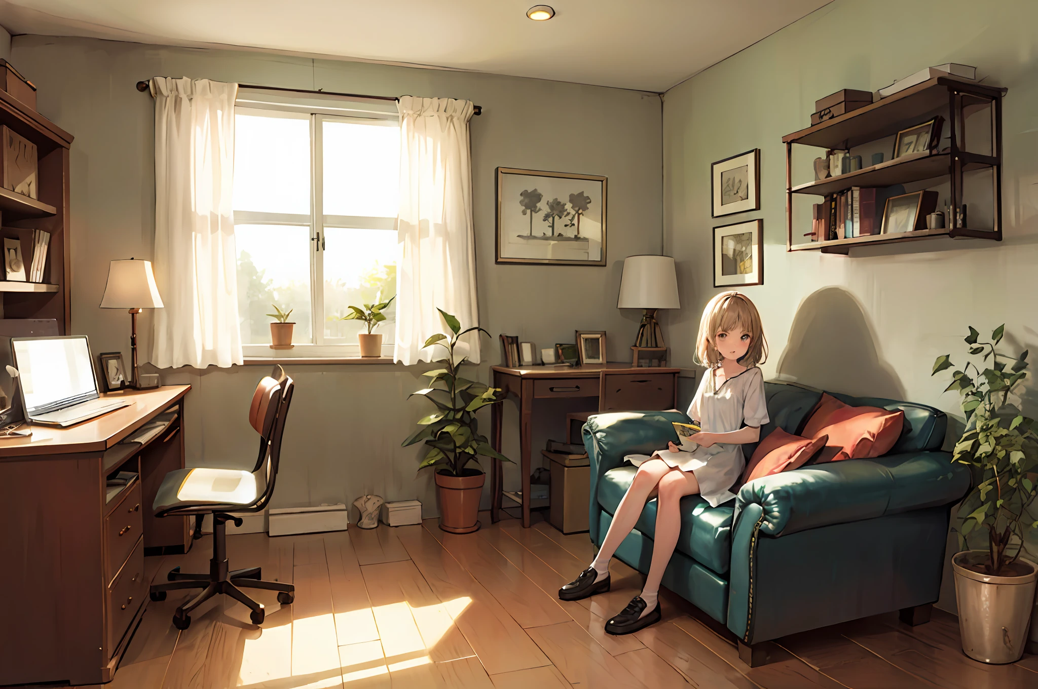 living room, couch, window, curtains, dappled sunlight, potted plant, table, cabinet,bookshelf, paper, desk lamp, typewriter, girl sitting on sofa