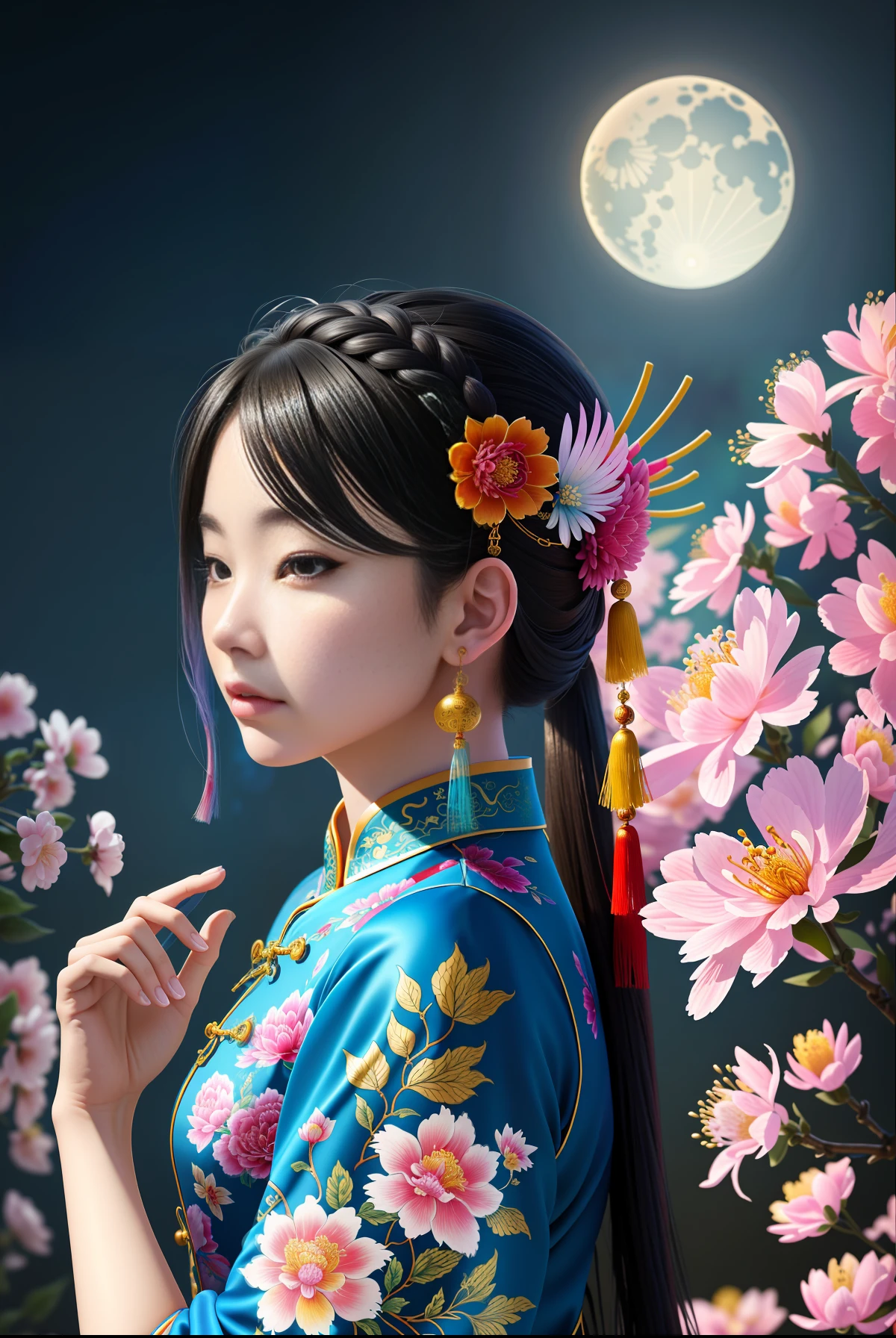 (8k, RAW photo:1.2),best quality, ultra high res,dramatic angle,(fluttered detailed color splashs), (illustration),(((1 girl))),(long hair),(rain:0.9),(hair ornament:1.4),there is an ancient palace beside the girl,(((chinese cheongsam))),(focus on), color Ink wash painting,(color splashing),colorful splashing,((colorful)),(((cool colors))),(((Qing dinasty)))(sketch:0.8), Masterpiece,best quality, beautifully painted,highly detailed,(denoising:0.6),[splash ink],((ink refraction)), (beautiful detailed sky),moon,highly,detaild,(masterpiece, best quality, extremely detailed CG unity 8k wallpaper,masterpiece, best quality, ultra-detailed),(Lycoris radiata), architecture,