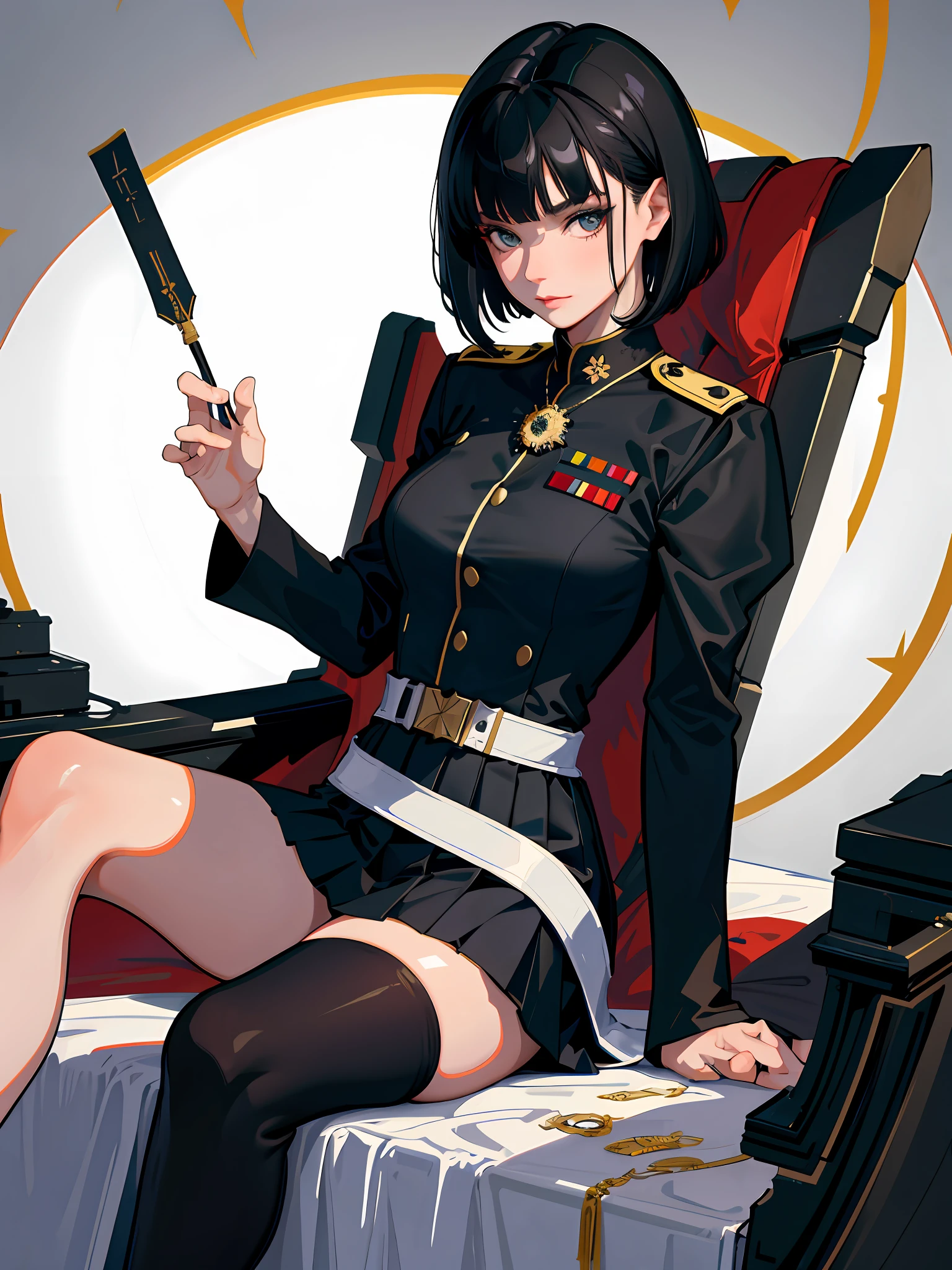 (highest resolution, distinct_image), best quality, masterpiece, very detailed, semi-realistic, woman with short black hair, mature woman, triple bangs, black uniform, black pleated skirt, military uniform, medal, gorgeous military uniform, beautiful woman, spaceship space, control room, commander