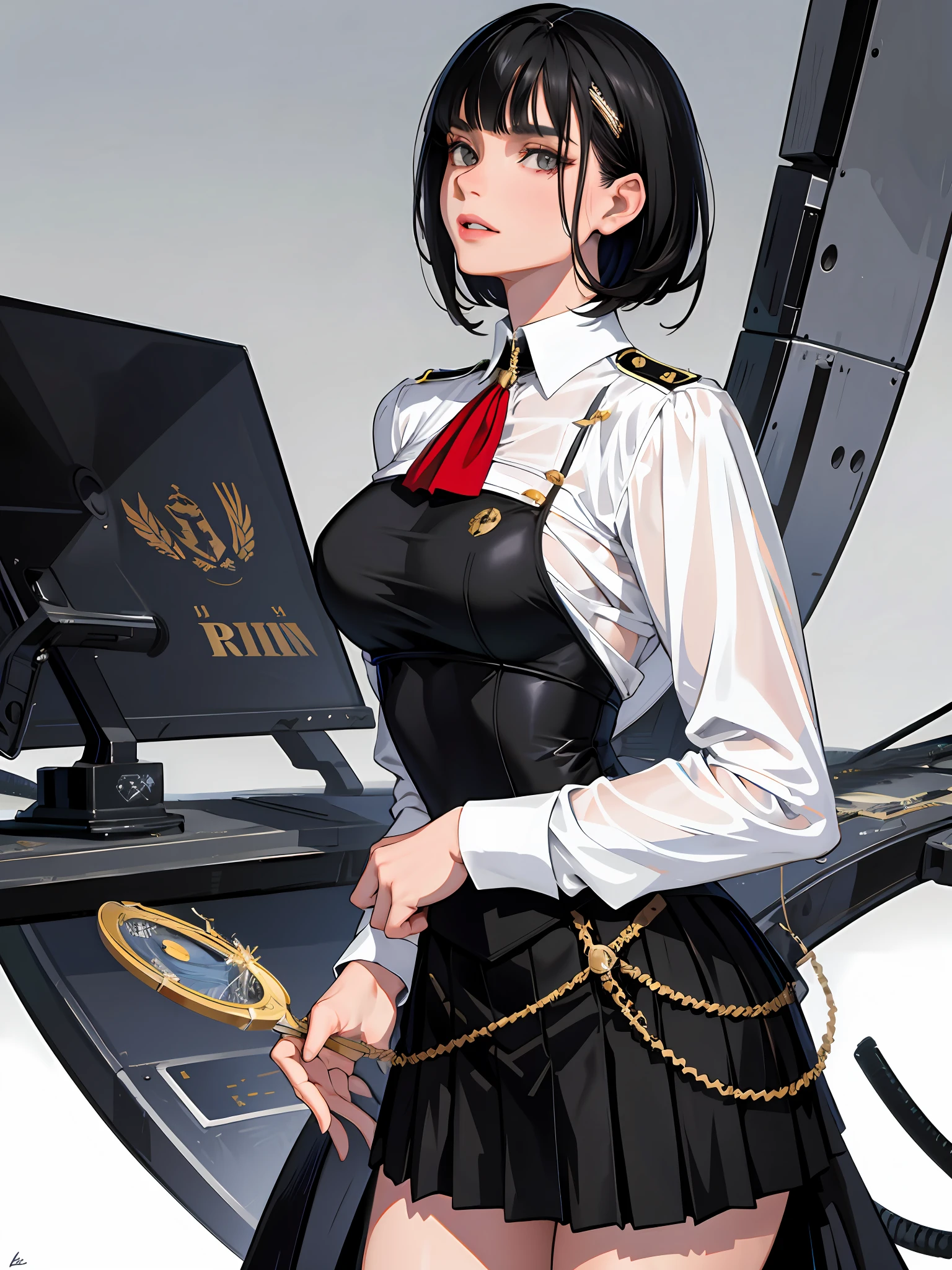 (highest resolution, distinct_image), best quality, masterpiece, very detailed, semi-realistic, woman with short black hair, mature woman, triple bangs, black uniform, black pleated skirt, military uniform, medal, gorgeous military uniform, beautiful woman, spaceship space, control room, commander