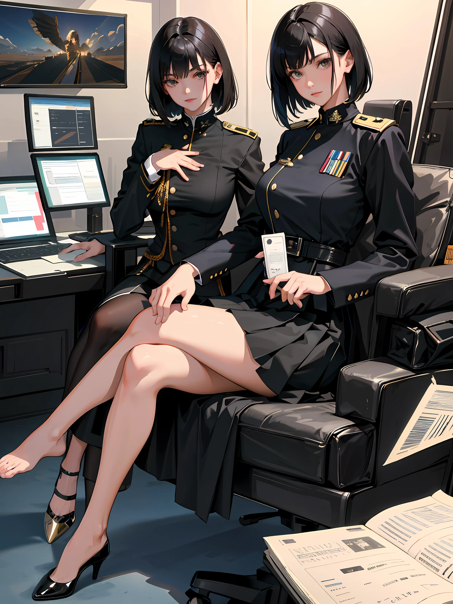 (highest resolution, distinct_image), best quality, masterpiece, very detailed, semi-realistic, woman with short black hair, mature woman, triple bangs, black uniform, black pleated skirt, military uniform, medal, gorgeous military uniform, beautiful woman, spaceship space, control room, commander