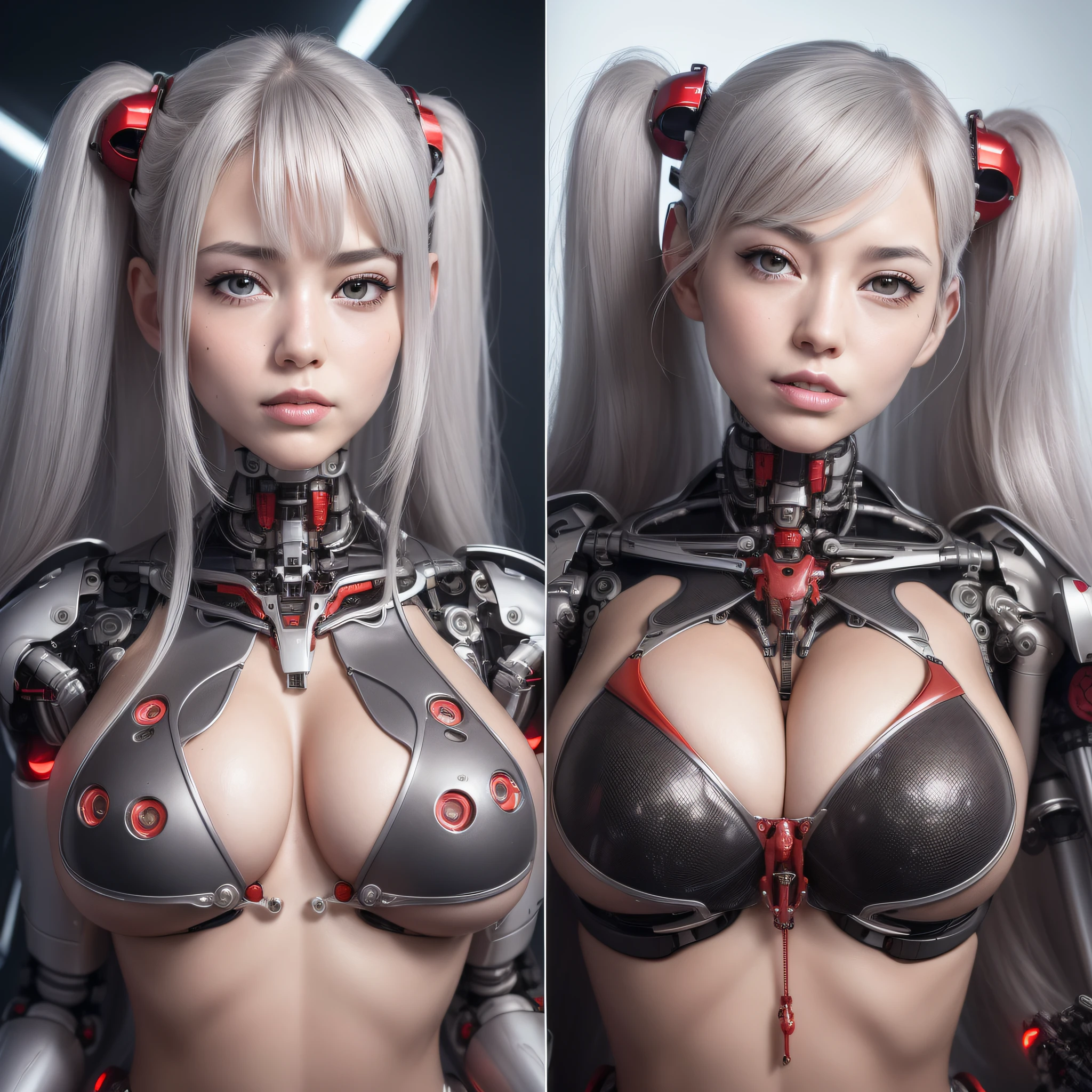 Beautiful Face,face is Japan, 1 Woman, Big, Curvaceous,(8k, RAW photo, top quality, masterpiece: 1.2)(Realistic, Photorealistic: 1.37) (Blood vessel attached to tube)((((Bikini Cyborg robot parts)))), (Light gray hair), Long hair, Wavy hair, Twin tails, Medium shot, ((Seductive smile) ), (Black Eyes), Hime Cut,From Below,(whole body),posing,,Inside the lab,( Blood vessel connected to a tube),((Mechanical vertebrae attached to the back)),((Mechanical neck attached to the neck)),(Wire and cable attached to the head and body),(Character Focus),Science Fiction,