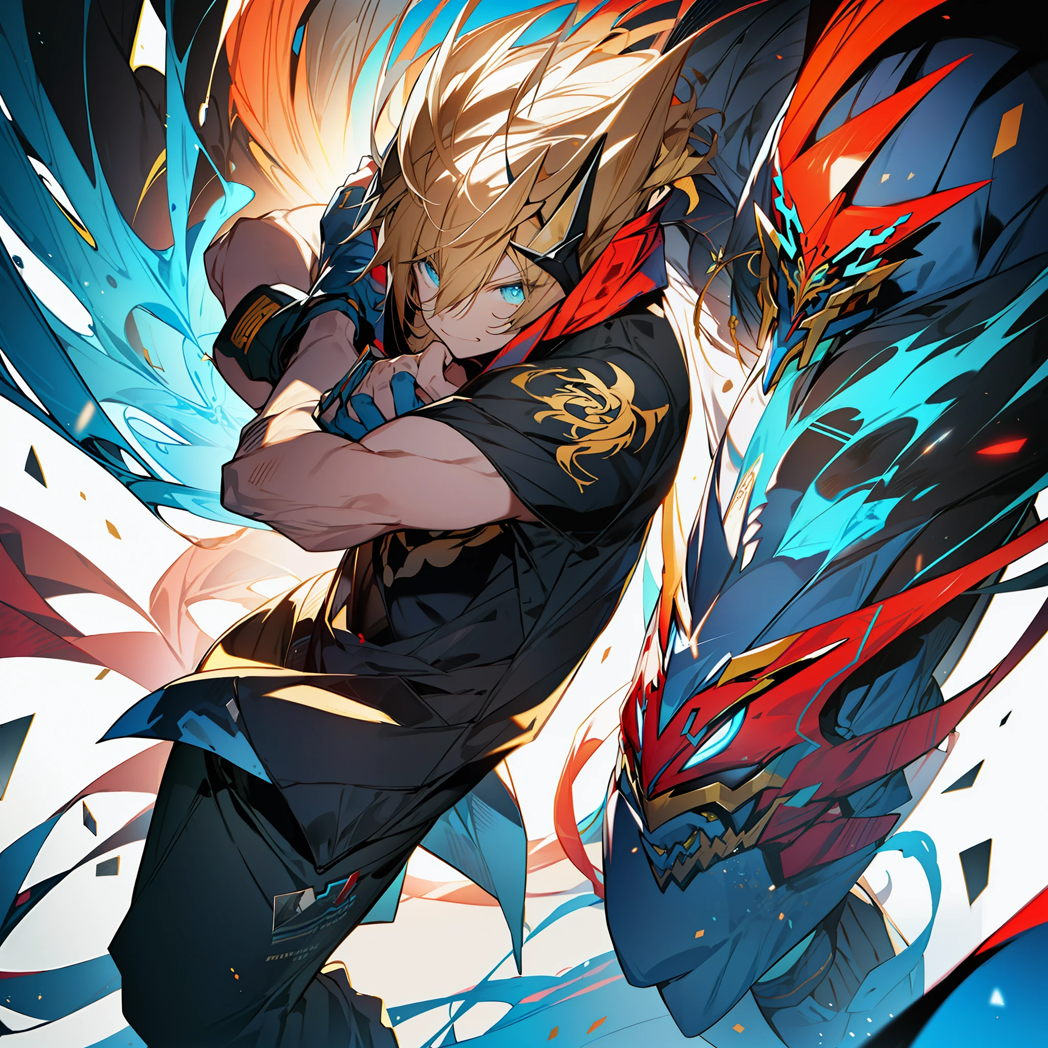 background, mixed-language_text, Japanese letters in graffit ,boys, excellent lighting, sidelighting, (), vhsKeeper,, style GUILTY GEAR -STRIVE perfect ultimate (flat color: 1.3), (magazine_cover: 1.4), (multicolored_background: 1.3), striped_background, card_background, :: comix style by joe madureira :: circular pieces of white metals glued to the arms coming out shimmering yellow glow, , perfect and detailed, ultra detailed shirt with abstract design and with letter print Japanese in graffiti of the sides of clothing, image of full-body boys fighting alongside you with powerful dragons versus alien creature full of tentacles, with immersive effects, hover effect, background graffiti style tribal tattoo with vibrant colors "HDR ultra" detailed and with focus effect, (masterpiece: 1.2, best quality), (beautiful eyes finely detailed: 1.2), , ((Solo)), (Finely detailed eyes and detailed face :1.3), in various full-body attack poses, (cute background: 1.2),futuristic costume, super detailed circular metals Clinging to arms and pants, fantastic paintings