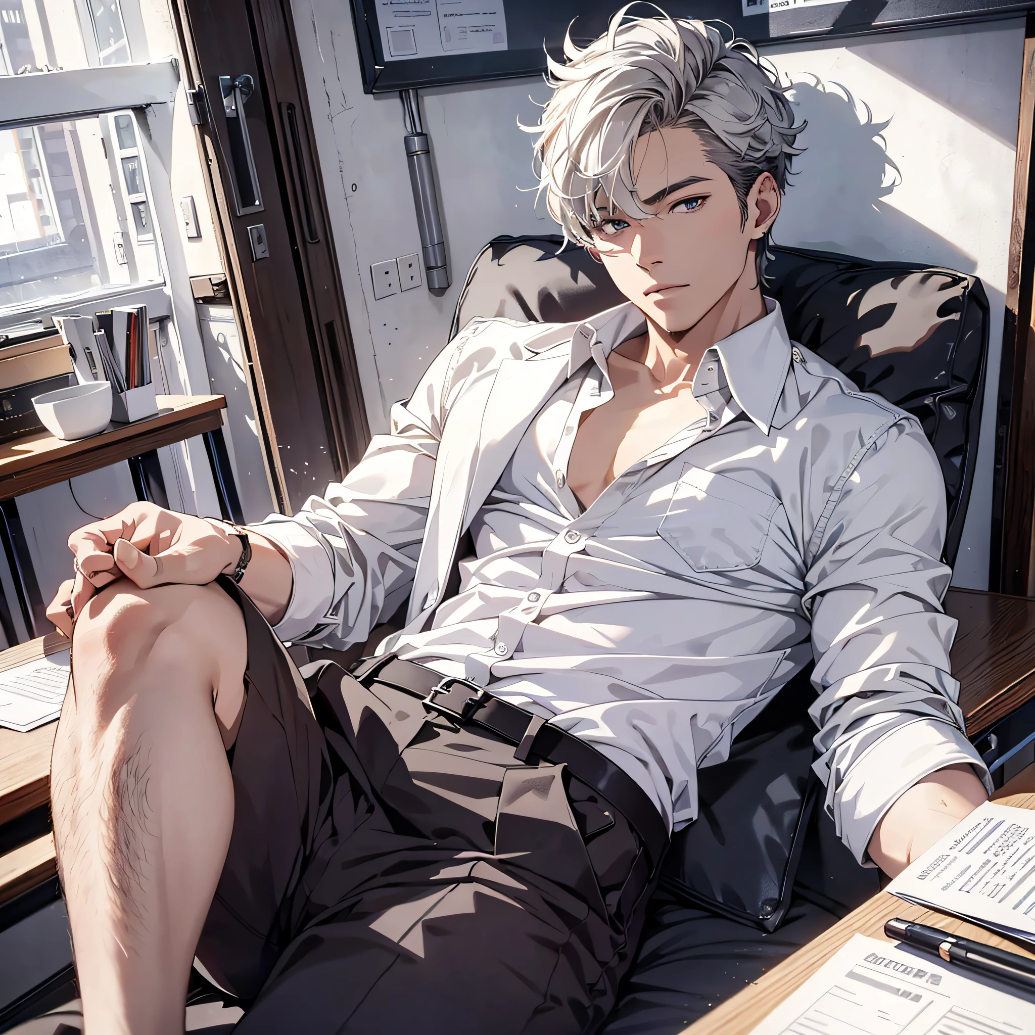 Absurd resolution, high resolution, (masterpiece: 1.4), hyper-detailed, mature man, student outfit, white shirt, classroom, sleeping
