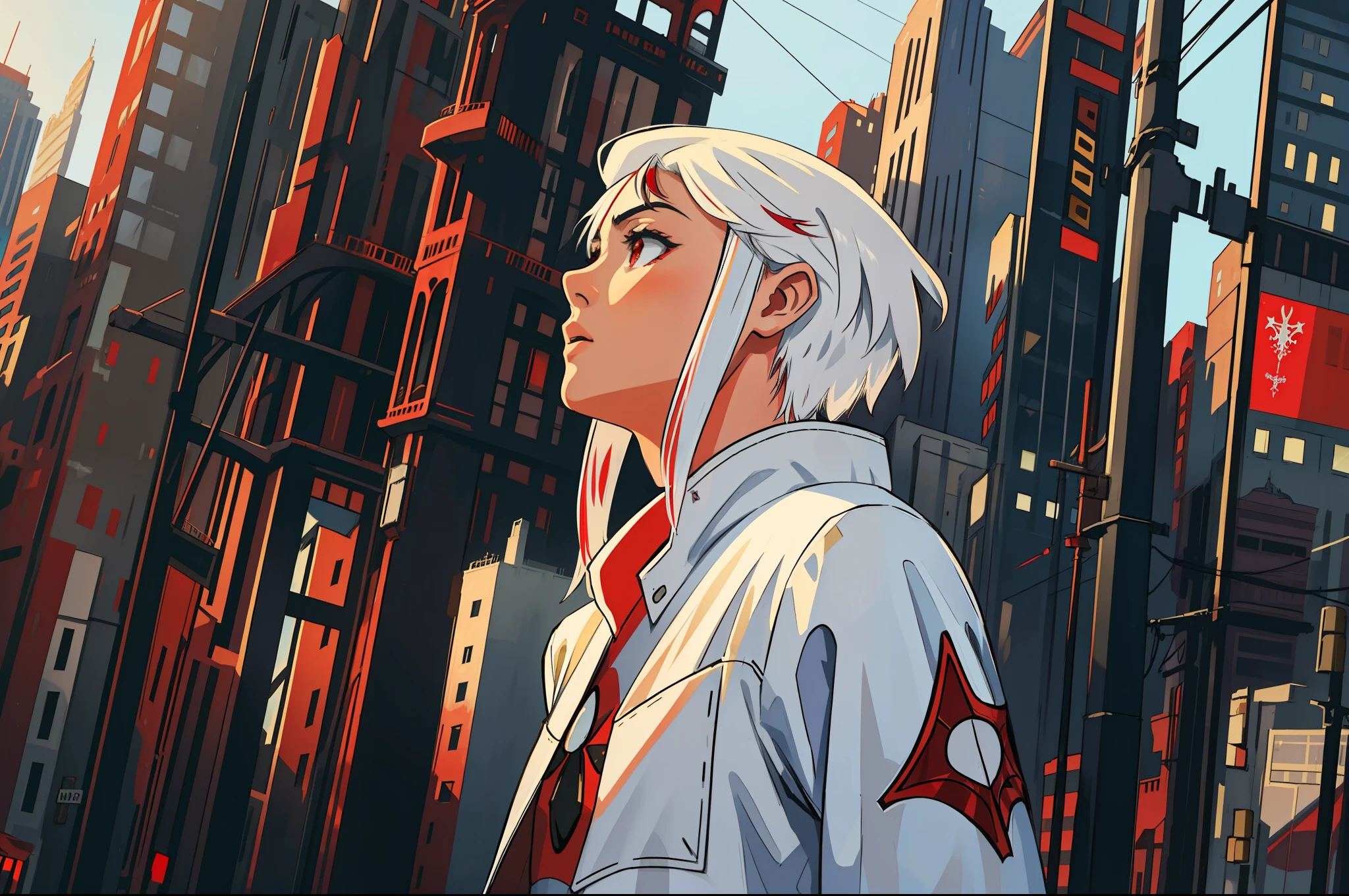 (masterpiece, best quality), intricate details, 8k, artstation, wallpaper, official art, screensaver, sharp focus,
1girl, boy, short hair, red eyes, white hair,
spider costume, web print, web,
skyscrapers, city, buildings, cars, street,