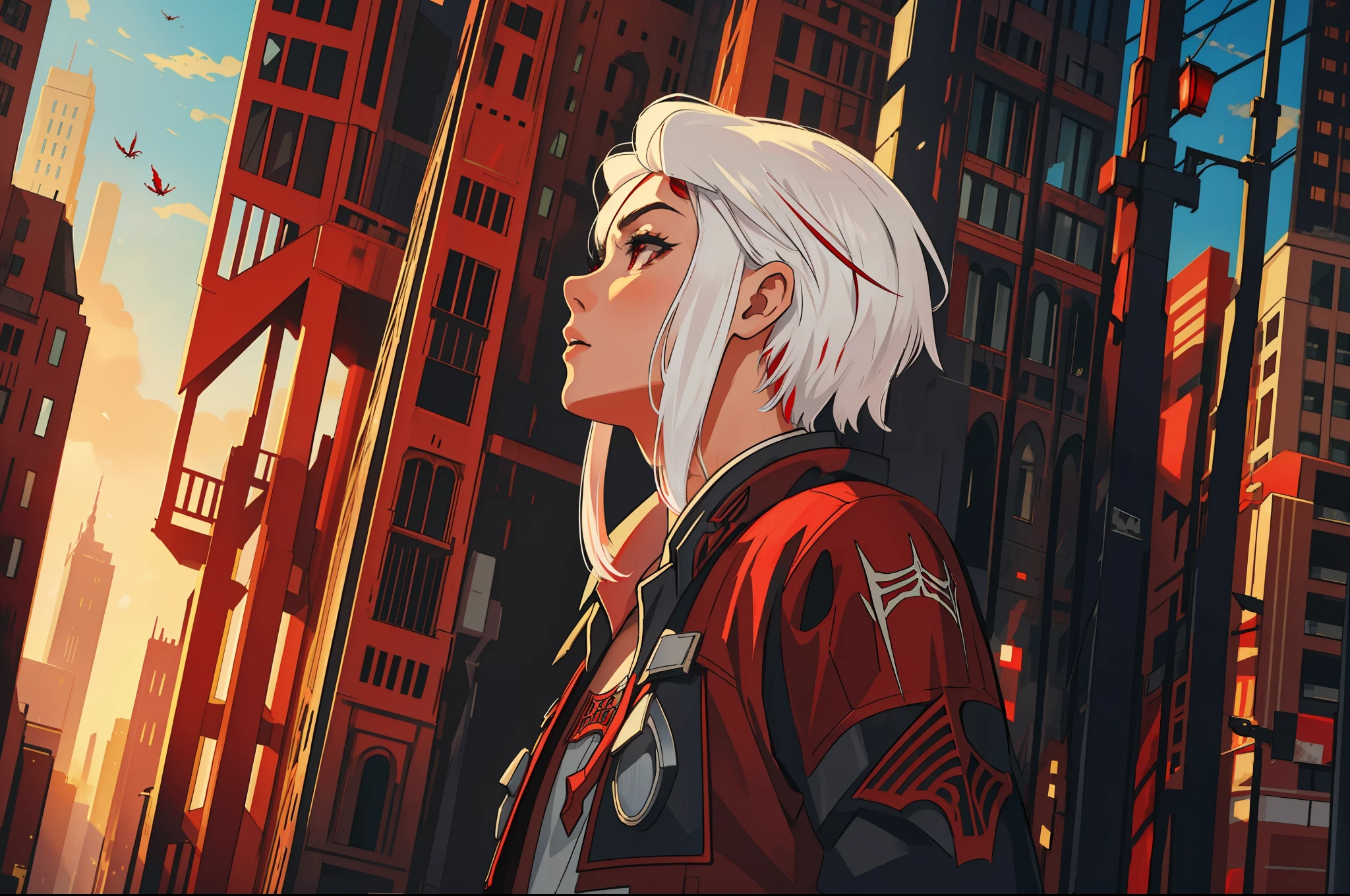 (masterpiece, best quality), intricate details, 8k, artstation, wallpaper, official art, screensaver, sharp focus,
1girl, boy, short hair, red eyes, white hair, 
 spider costume, web print, web,  
skyscrapers, city, buildings, cars, street,
