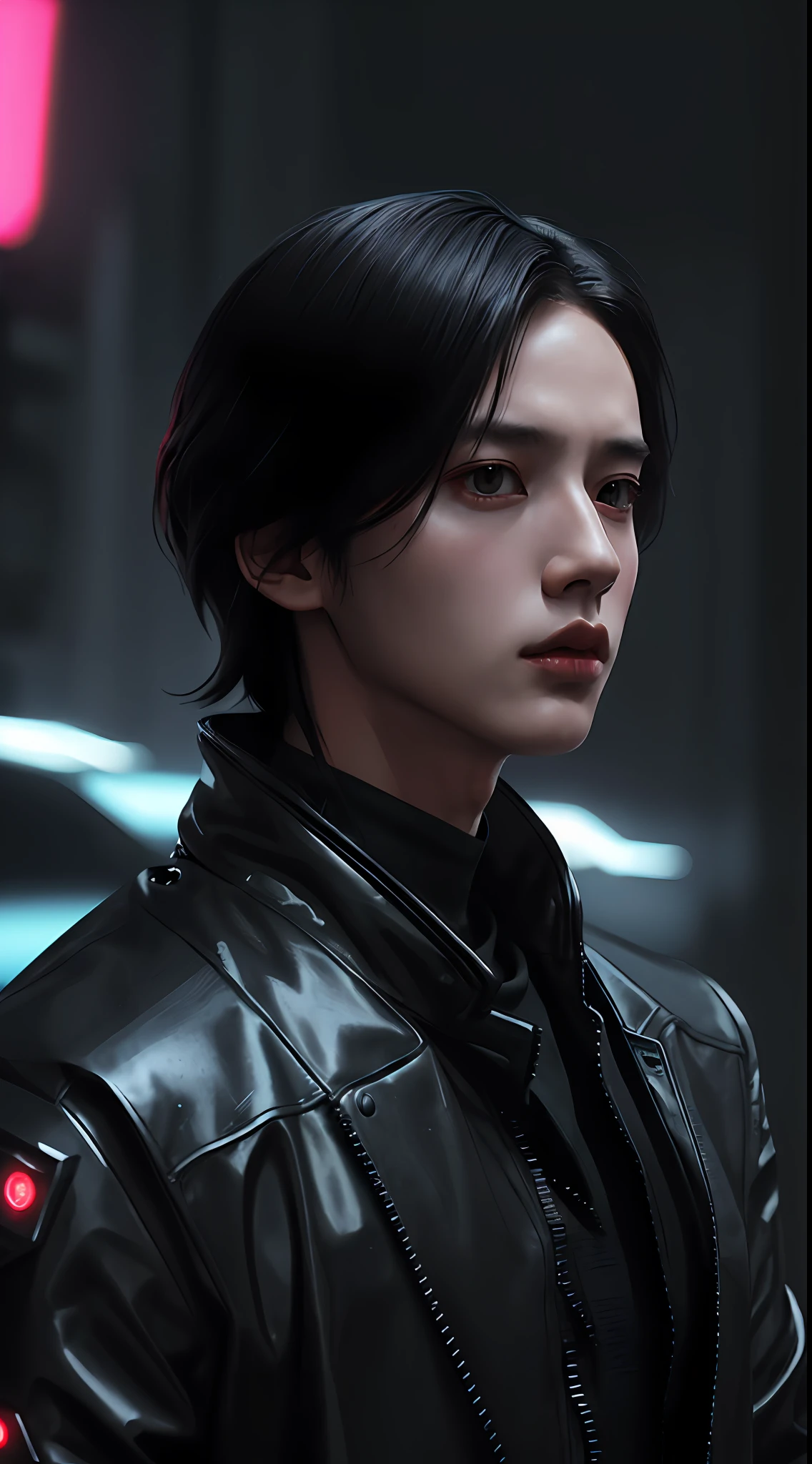 ((1boy))a detailed portrait of European Taiwan young man Storm Rain movie Jacket coat, Futuristic sci-fi fashion, royal attire by Ismail inceoglu dragan bibin hans thoma greg Rutkowski Alexandros Pyromallis Nekro Rene Magritte illustrated Handsome face, sharp chine, fine details, realistic shaded, fine-face, Good-looking face cyberpunk, neotokyo, synthwave, aesthetics, futuristic, low-emission-neon, bladerunner movie scene