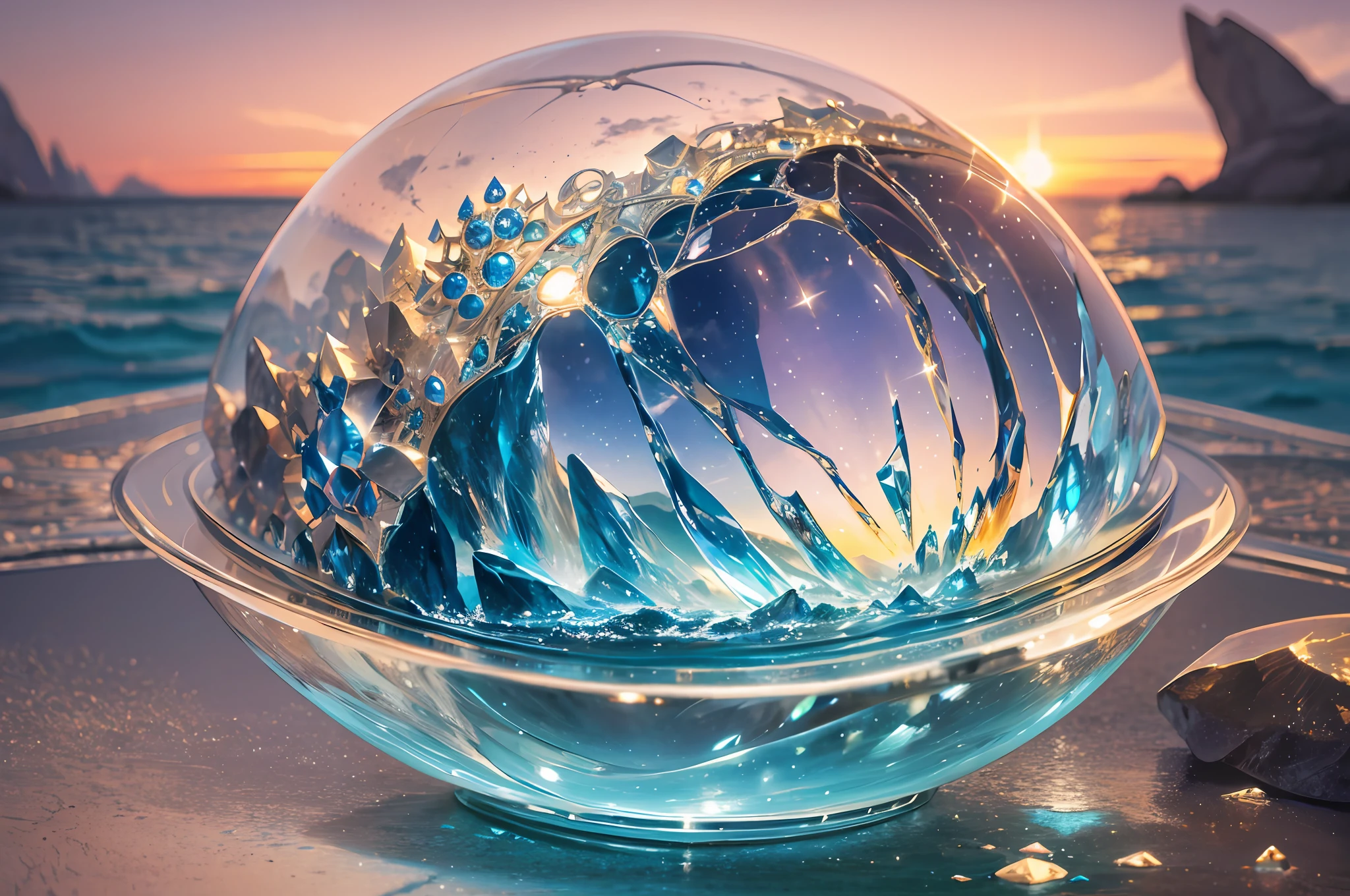 There is a crystal ball on the sea, ethereal starlight city at sunset, fantasy planet, 3D rendered Bipple, inspired by Philip Hoddas, in the artistic style of Philip Hoddas, Planet Landscape, inspired by Bipple, epic dreamy fantasy landscape, inspired by Mike "Bipple" Winckelman --auto --s2