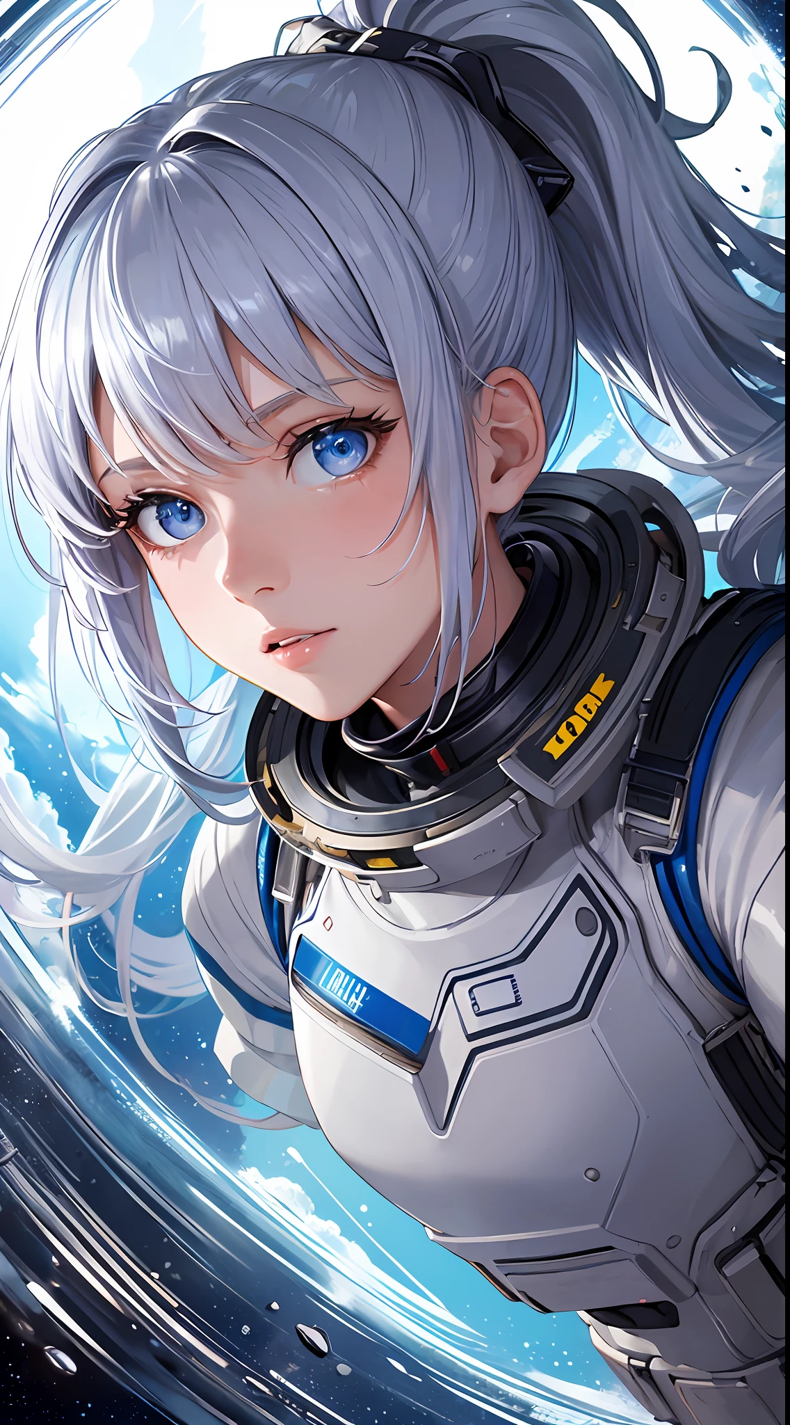 (masterpiece, top quality, best quality, ultra detail) original, 1 girl, space suit, space, floating, sliver hair, blue eyes, ponytail, look at viewer, see meteor, wide-angle lens distortion, spacecraft