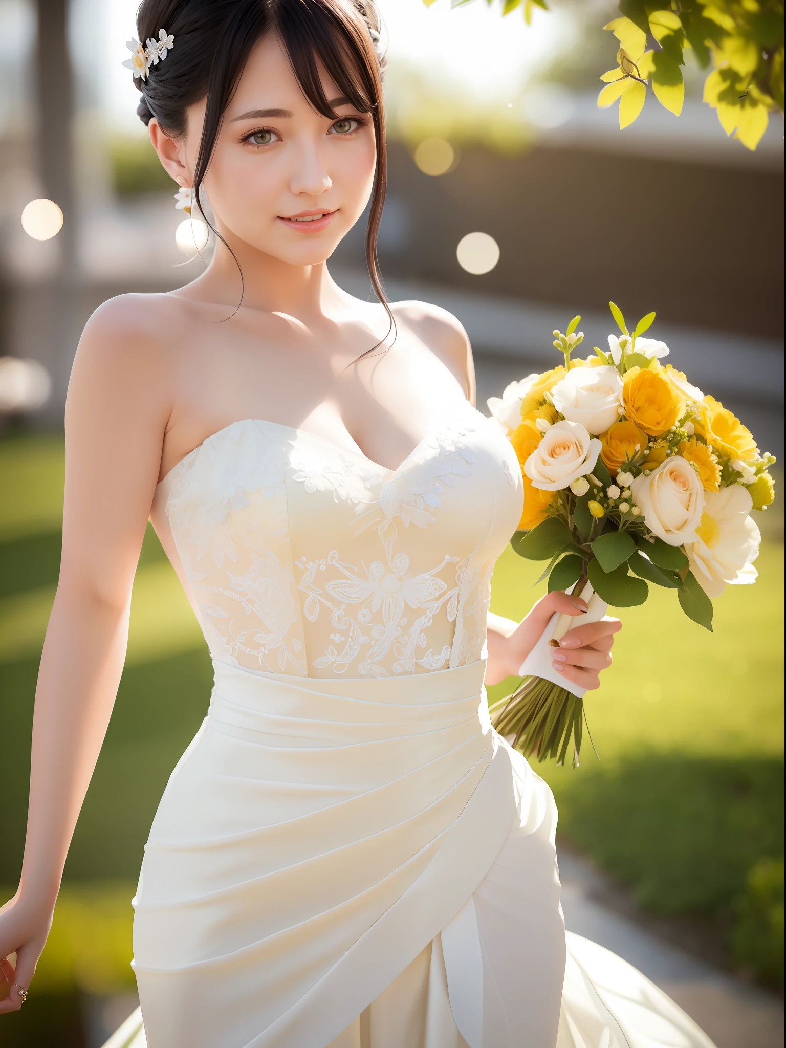 (sweat:0.7),Light yellow wedding dress,white short skirt,woman,japanese,exquisite face, beautiful face,bare shoulders,shoulders slightly exposed,translucent skin,black eyes,black hair,(photorealistic:1.4),realistic details, high resolution,bokeh,outstanding details