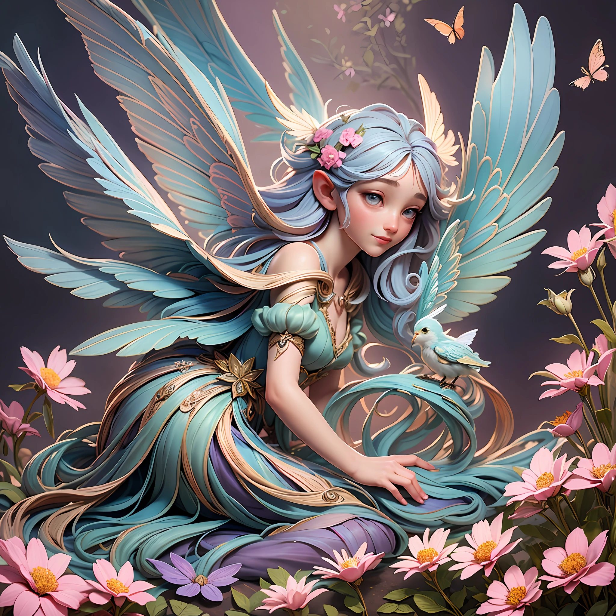 a charming and magical fairy. The image highlights the fairy in a natural environment, surrounded by flowers and foliage. The fairy is depicted at an angle that shows its delicate appearance and the realistic details of its bright wings. The soft light helps to highlight the fairy's grace, conveying the feeling of something magical and enchanting. The artistic medium is digital painting, with a focus on capturing the texture of the wings and creating an ethereal environment. The artists, illustrators and painters who could collaborate on this scene are: Brian Froud, Amy Brown and the Art Nouveau movement.
