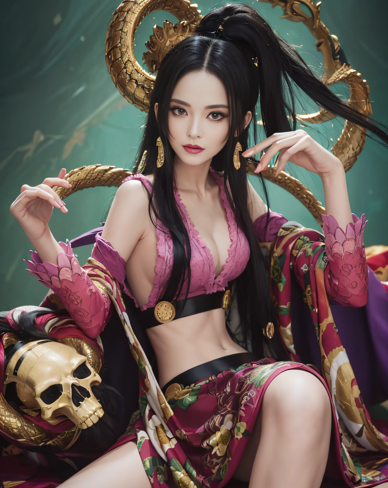 (((masterpiece+best quality+high resolution+ultra-detailed))), Boa\(one piece\), snake_skull, long silky black hair, high nose, sharp eyes, noble and inviolable temperament, (([female]: 1.2 + [beauty]: 1.2 + black long hair: 1.2)), Boa Hancock, snake_skull background, bright eyes, dynamic angle and posture, accurate hands and fingers,