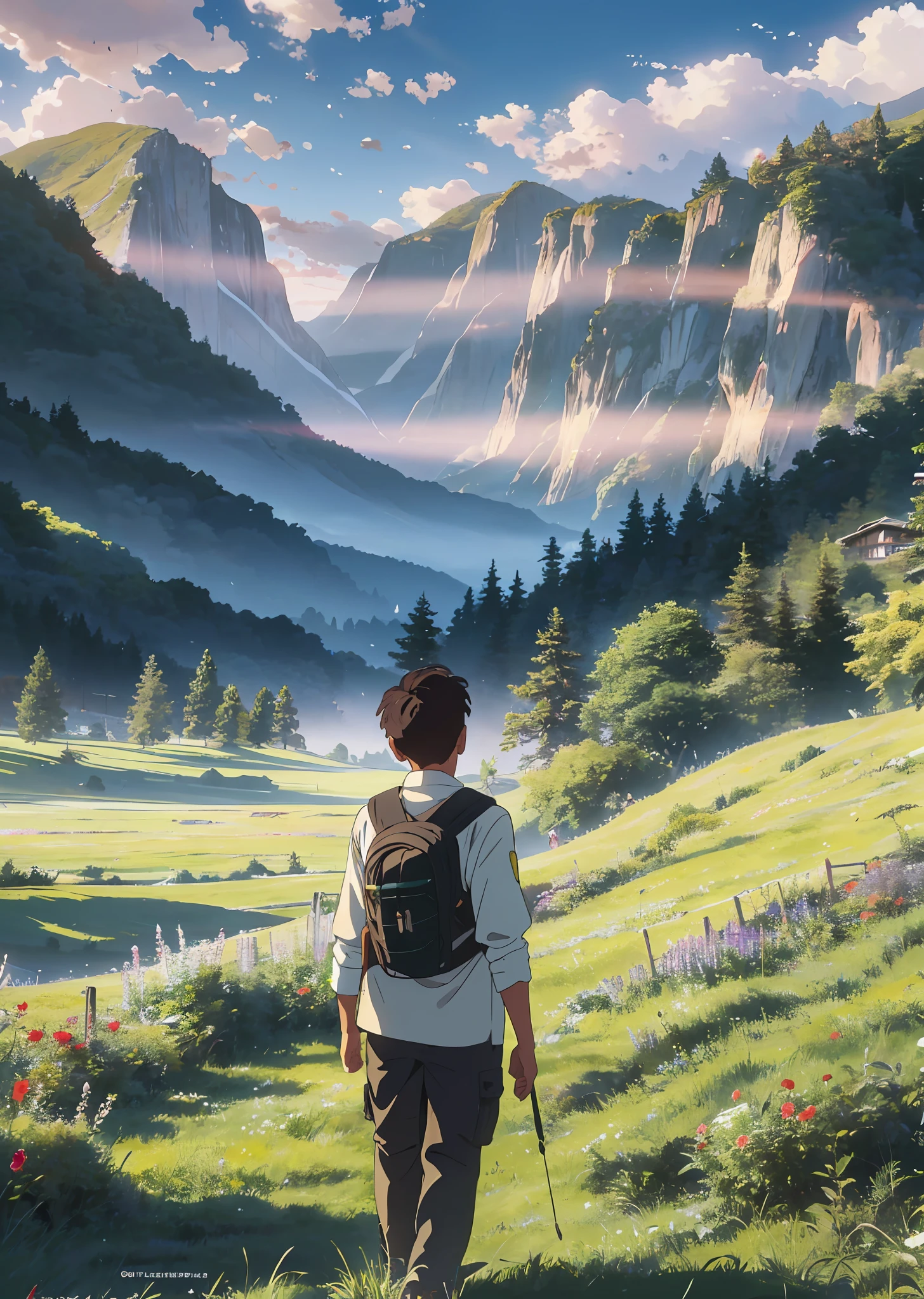 In an idyllic setting, a boy stands in an open field. Lush green grass stretches as far as the eye can see, adorned with wildflowers of various colors and sizes, emitting delicate fragrances. The sky is clear and serene, with a gentle breeze caressing the boy's face. Golden sunlight bathes the landscape, casting a soft, radiant glow that creates an atmosphere of peace and tranquility. On the horizon, majestic mountains rise in layers, shrouded in a gentle mist that adds an air of mystery. Their gentle and imposing shapes blend harmoniously with the surrounding scenery. The boy stands, captivated by the captivating sight before him, filled with awe and a sense of wonder. It's a scene that inspires serenity, reflection, and a deep appreciation for the beauty of the world. --auto --s2