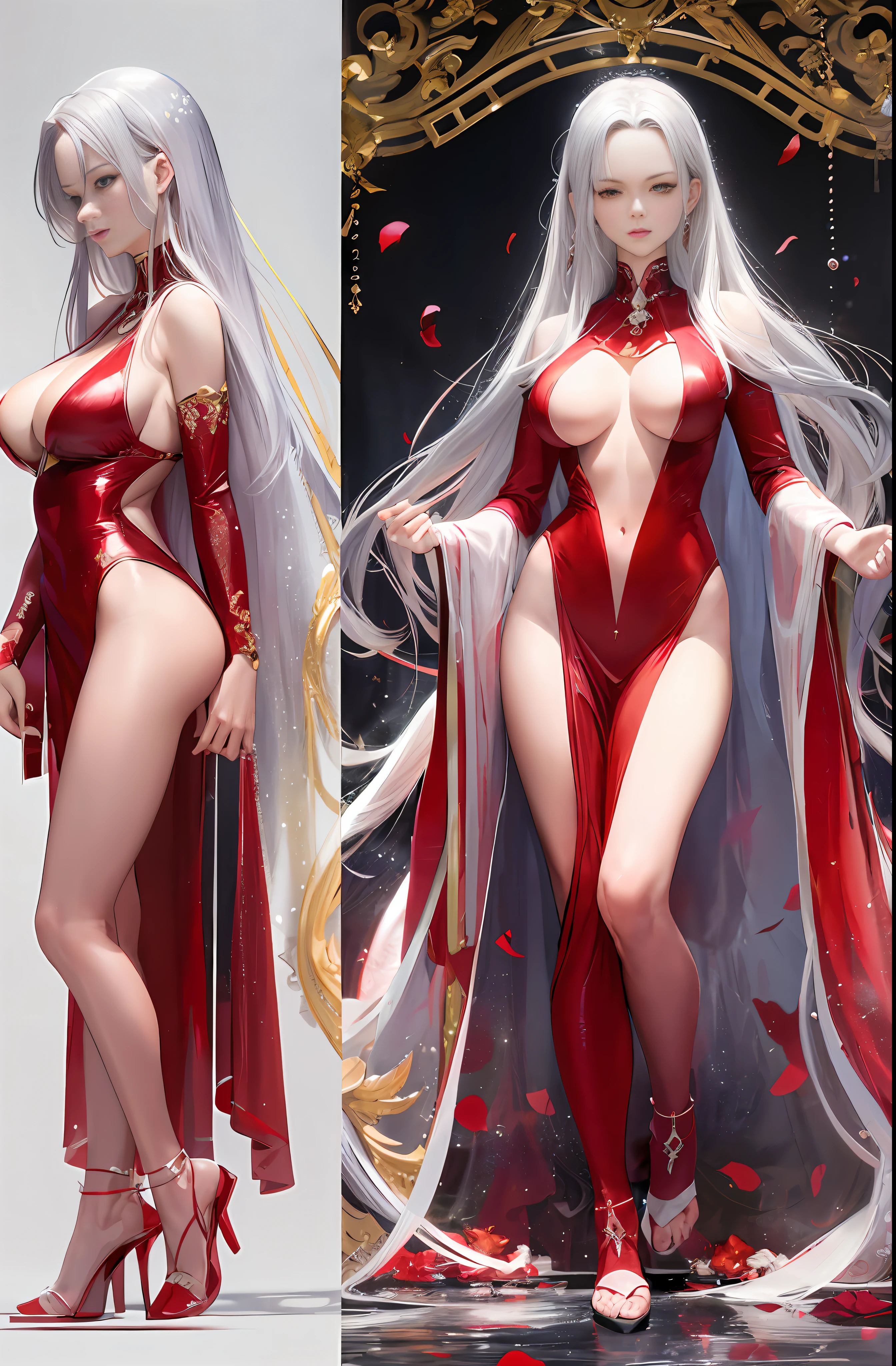 Master anime work, impeccable masterpiece, a mature female character standing in a sexy transparent red robe on a pure white background, flowing silver hair, full body standing, slender legs, straight breasts, detailed face details, natural standing, vivid and real body details