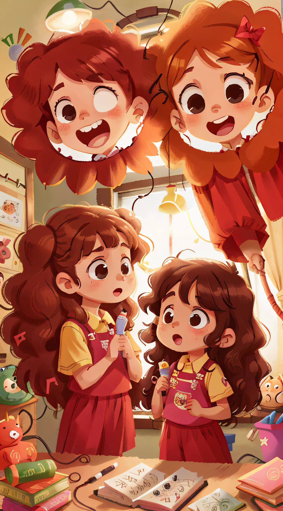Two girls, twins, curly brown hair, using hair dryer