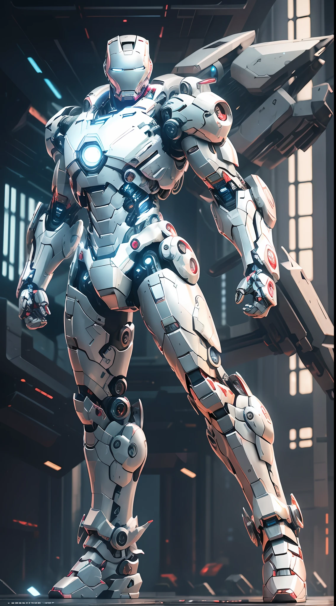 Pure white Iron Man mech, diamond mech, surreal complex details, wide-angle full-body shooting,  composition, flash, Unreal Engine technology, octane rendering, stunning visuals (quality, style, subject, details, lighting).