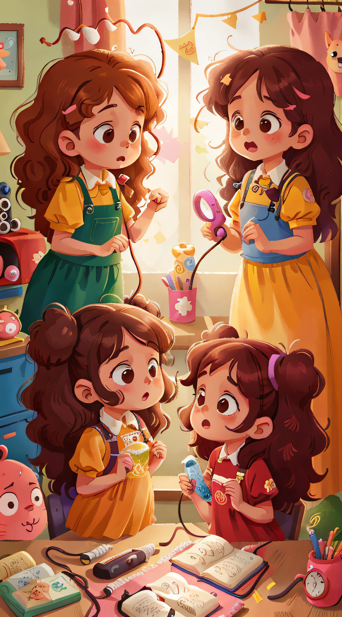 Two girls, twins, curly brown hair, using hair dryer
