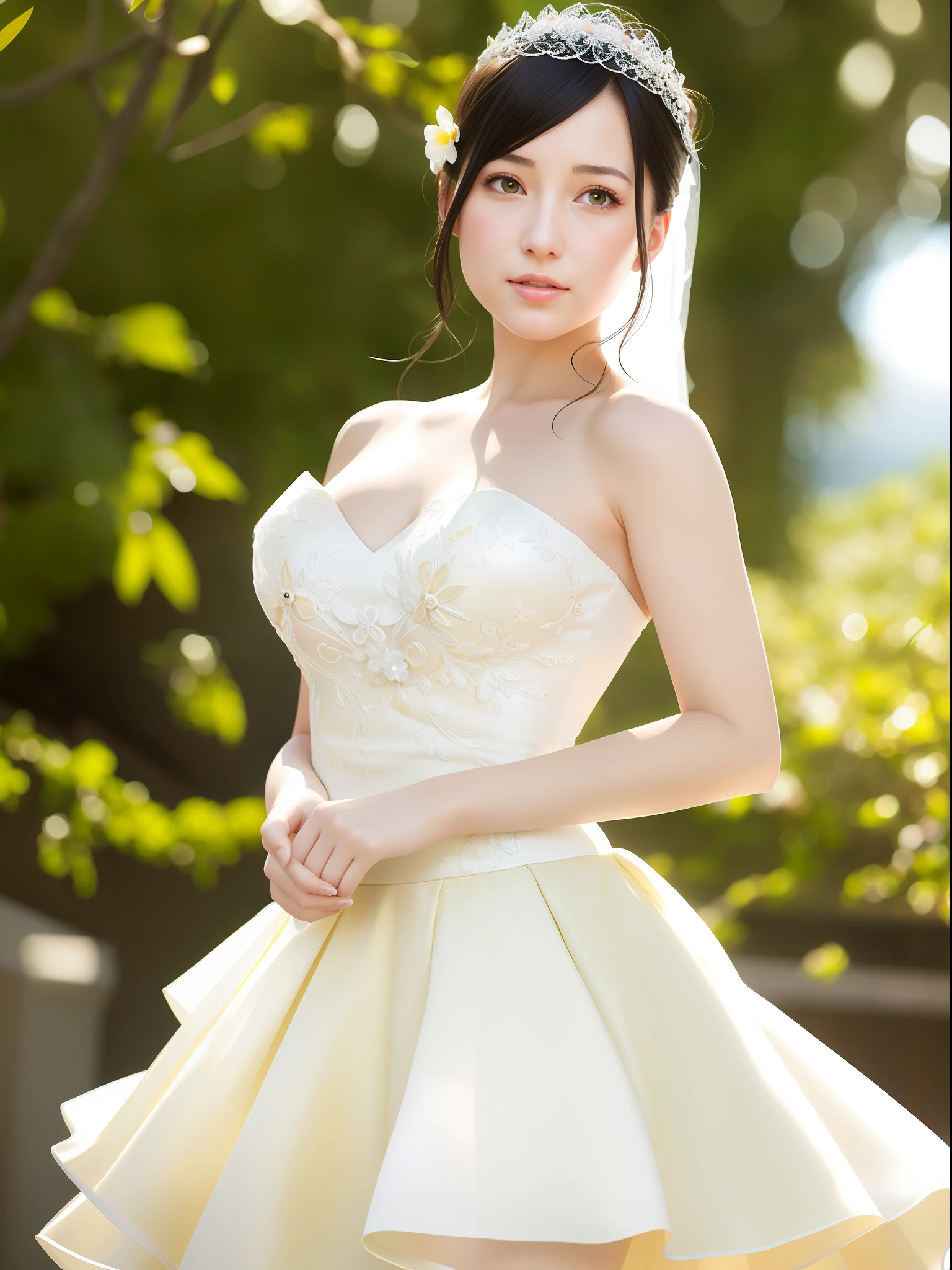 (sweat:0.7),Light yellow wedding dress,white short skirt,woman,japanese,exquisite face, beautiful face,bare shoulders,shoulders slightly exposed,translucent skin,black eyes,black hair,(photorealistic:1.4),realistic details, high resolution,bokeh,outstanding details