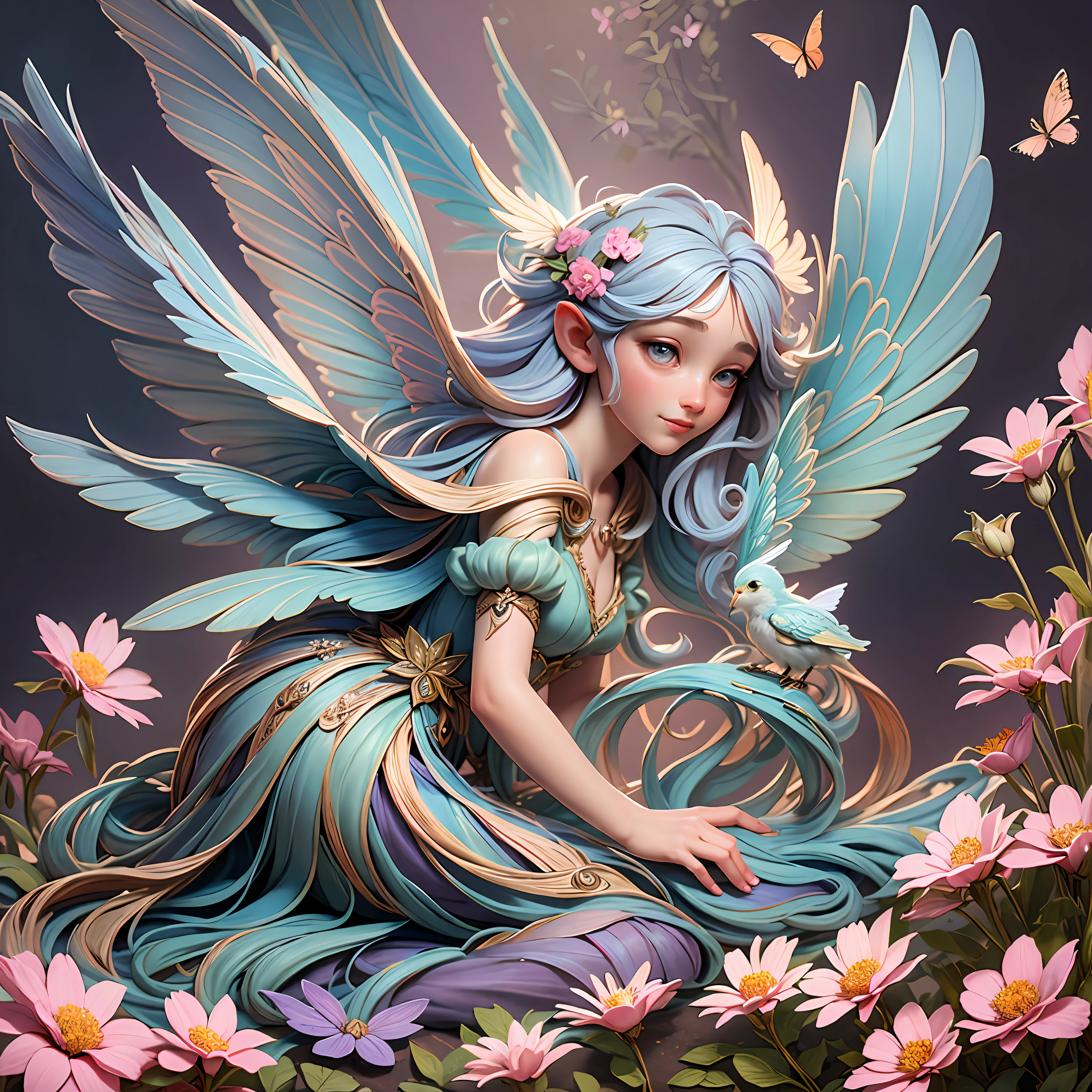 a charming and magical fairy. The image highlights the fairy in a natural environment, surrounded by flowers and foliage. The fairy is depicted at an angle that shows its delicate appearance and the realistic details of its bright wings. The soft light helps to highlight the fairy's grace, conveying the feeling of something magical and enchanting. The artistic medium is digital painting, with a focus on capturing the texture of the wings and creating an ethereal environment. The artists, illustrators and painters who could collaborate on this scene are: Brian Froud, Amy Brown and the Art Nouveau movement.