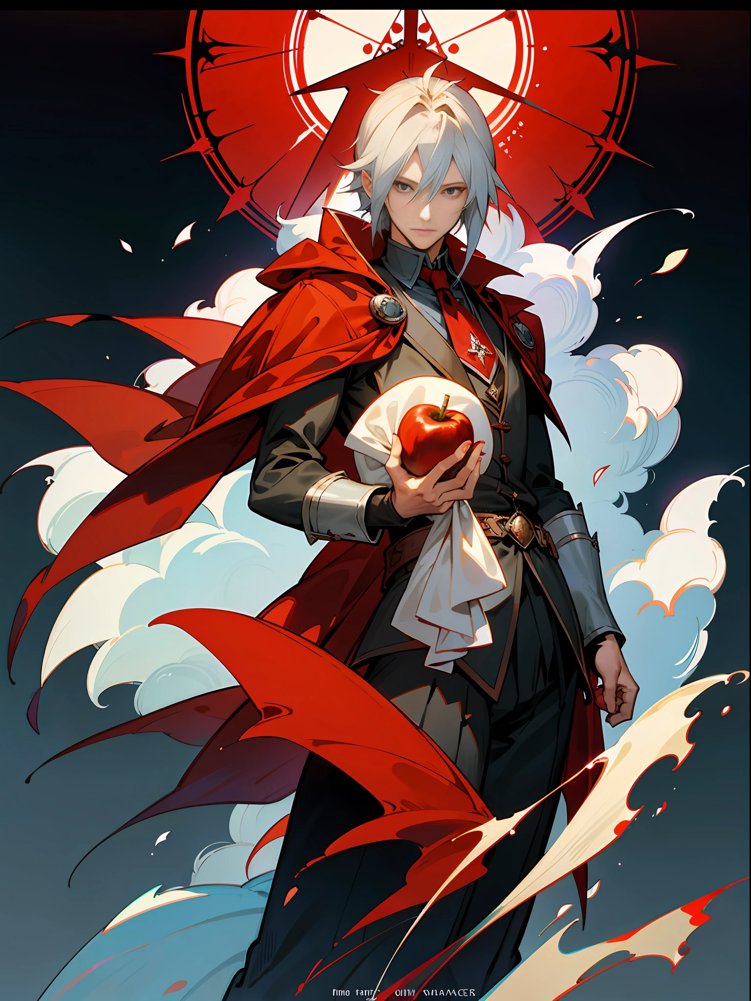 a woman in a red cape holding a red apple, alucard, akihiko yoshida”, thancred waters in style of wlop, norman rockwell akihiko yoshida, full art, official character illustration, antasy character, dante, dark arcanist, ssr card, handsome guy in demon slayer art, victor, as a tarot card, thief red riding hood