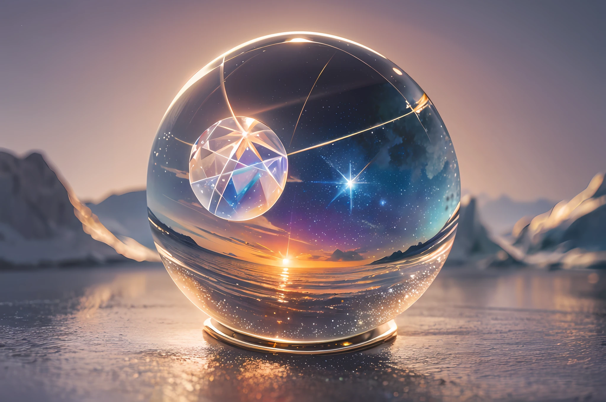 There is a crystal ball on the sea, ethereal starlight city at sunset, fantasy planet, 3D rendered Bipple, inspired by Philip Hoddas, in the artistic style of Philip Hoddas, Planet Landscape, inspired by Bipple, epic dreamy fantasy landscape, inspired by Mike "Bipple" Winckelman --auto --s2