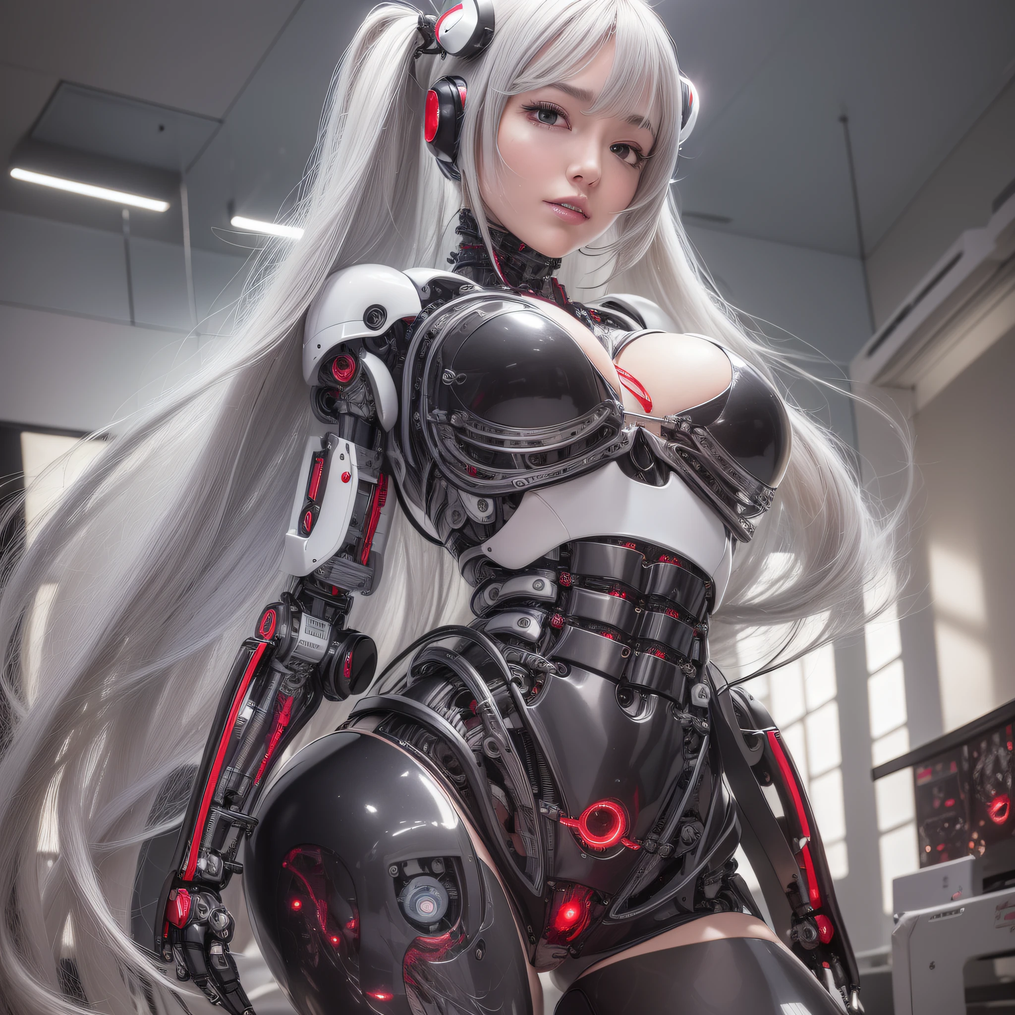 Beautiful Face,face is Japan, 1 Woman, Big, Curvaceous,(8k, RAW photo, top quality, masterpiece: 1.2)(Realistic, Photorealistic: 1.37) (Blood vessel attached to tube)((((Bikini Cyborg robot parts)))), (Light gray hair), Long hair, Wavy hair, Twin tails, Medium shot, ((Seductive smile) ), (Black Eyes), Hime Cut,From Below,(whole body),posing,,Inside the lab,( Blood vessel connected to a tube),((Mechanical vertebrae attached to the back)),((Mechanical neck attached to the neck)),(Wire and cable attached to the head and body),(Character Focus),Science Fiction,