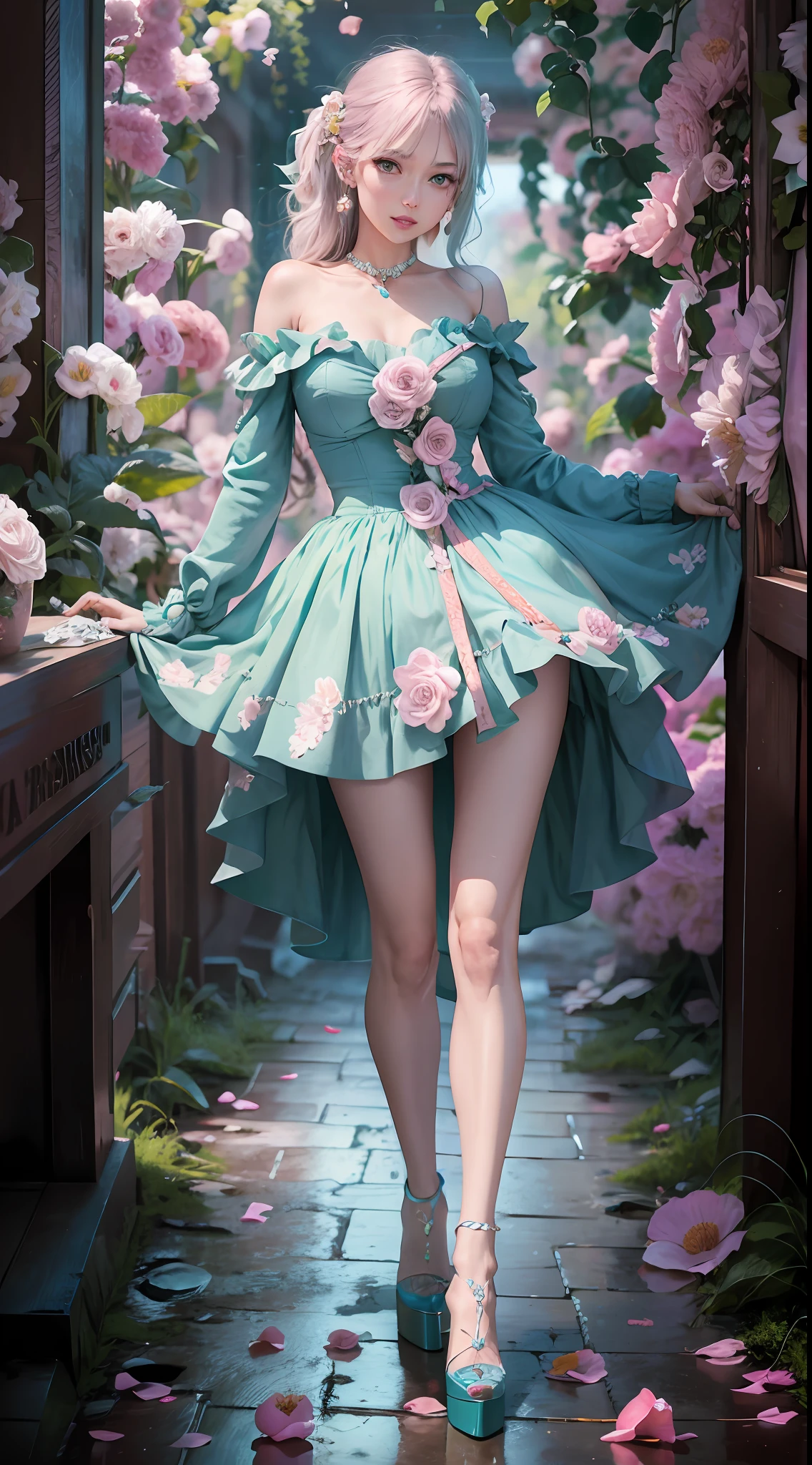 nikon RAW photo,8k,Fujifilm XT3,masterpiece,best quality,realistic,photorealistic,ultra detailed,extremely detailed face,cinematic lighting, gril,1girl,solo,full body, earrings, edium breasts, high heels, dynamic pose,happy,Surrounded by flowers,(flower:1.2),Rich details,fashion, bakery, DarkMagenta medium hime_cut, PaleTurquoise Rose Dress,