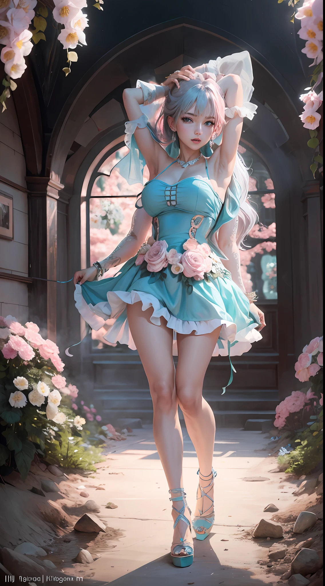 nikon RAW photo,8k,Fujifilm XT3,masterpiece,best quality,realistic,photorealistic,ultra detailed,extremely detailed face,cinematic lighting, gril,1girl,solo,full body, earrings, edium breasts, high heels, dynamic pose,happy,Surrounded by flowers,(flower:1.2),Rich details,fashion, bakery, DarkMagenta medium hime_cut, PaleTurquoise Rose Dress,